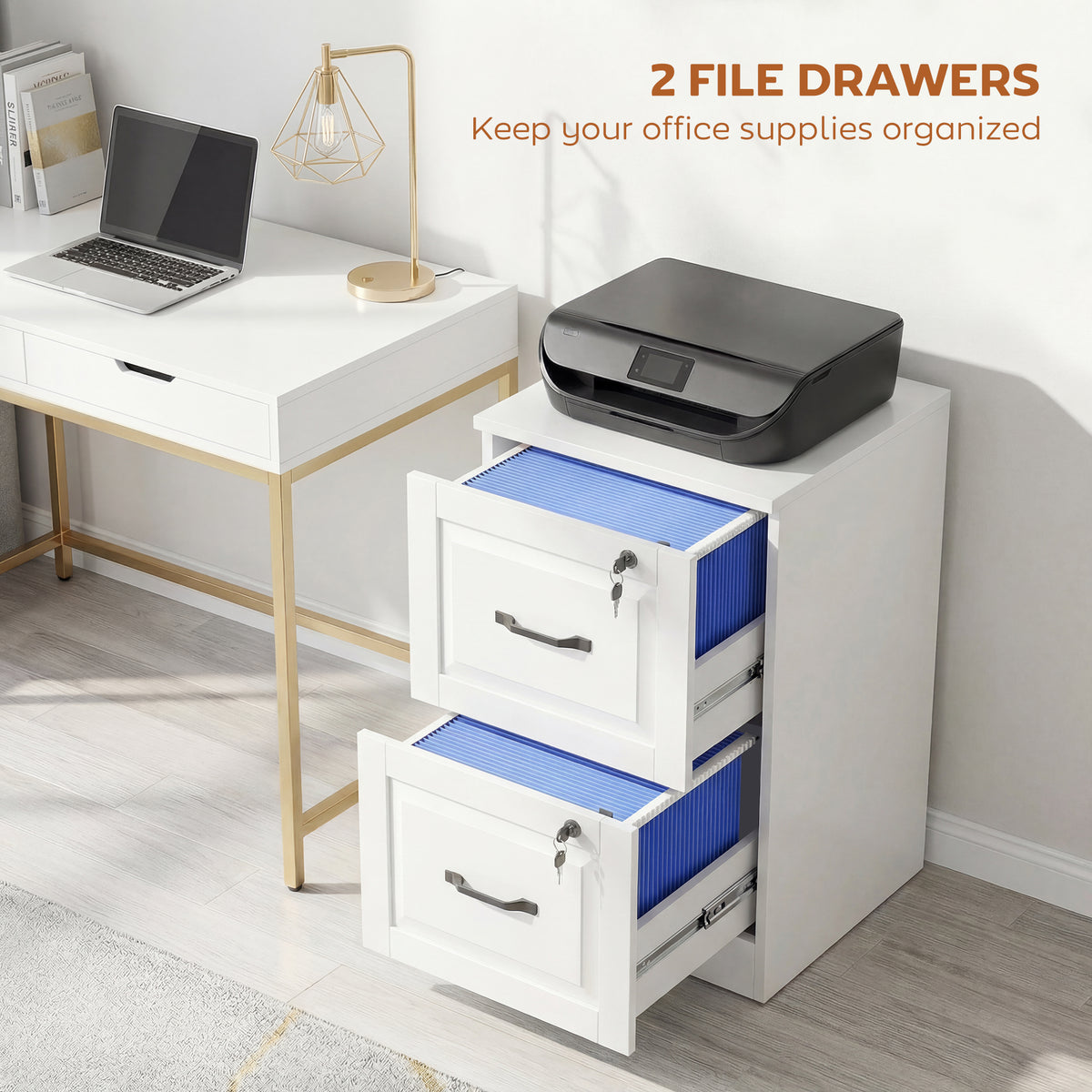 2 Drawer File Cabinet with Lock, Vertical Filing Cabinet with Adjustable Hanging Bars for A4 and Letter Size, White-Office Products > Office Furniture > Office Cabinets & Cupboards-DECOROLALA