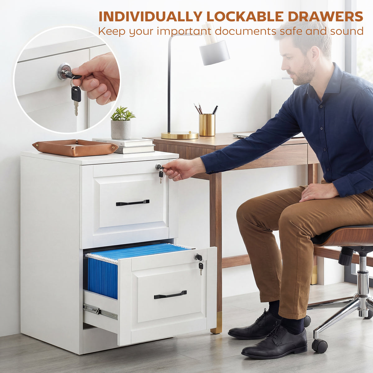 2 Drawer File Cabinet with Lock, Vertical Filing Cabinet with Adjustable Hanging Bars for A4 and Letter Size, White-Office Storage Cabinets-DECOROLALA