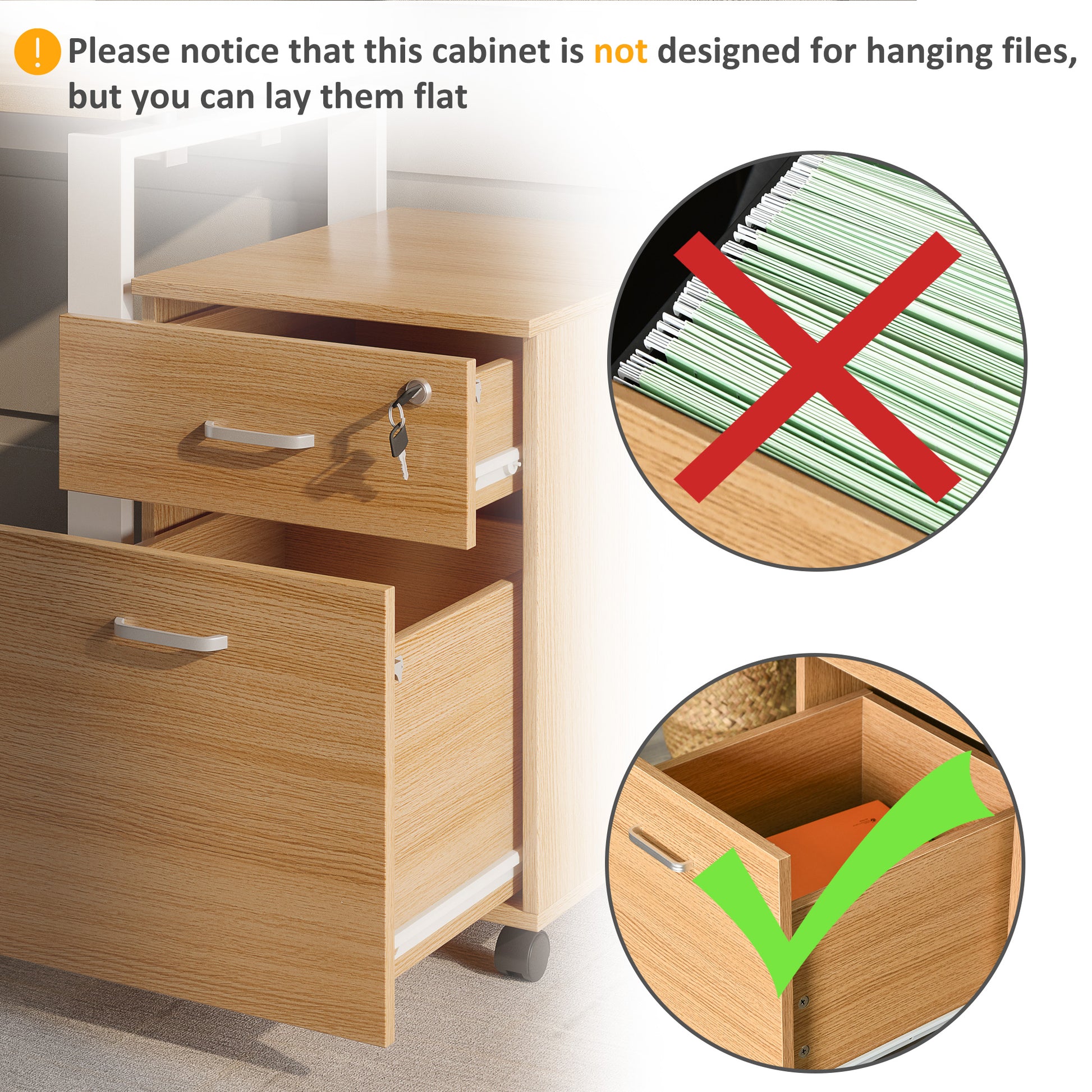 2 Drawer File Cabinet with Lock and Keys, Mobile Vertical Filing Cabinet with Wheels and Drawers, Home Office Cabinet, Natural-Office Products > Office Furniture > Office Cabinets & Cupboards-DECOROLALA