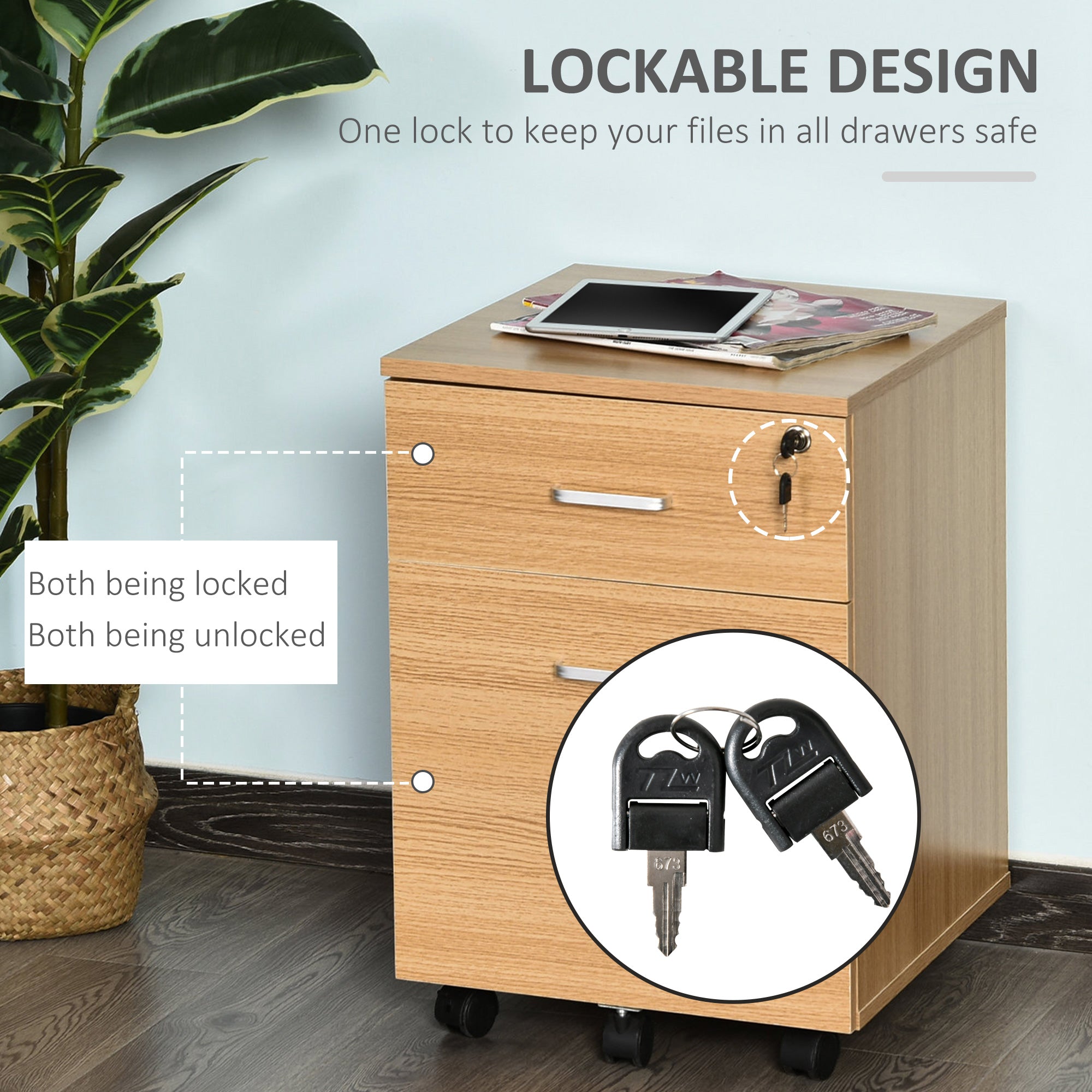 2 Drawer File Cabinet with Lock and Keys, Mobile Vertical Filing Cabinet with Wheels and Drawers, Home Office Cabinet, Natural-Office Products > Office Furniture > Office Cabinets & Cupboards-DECOROLALA