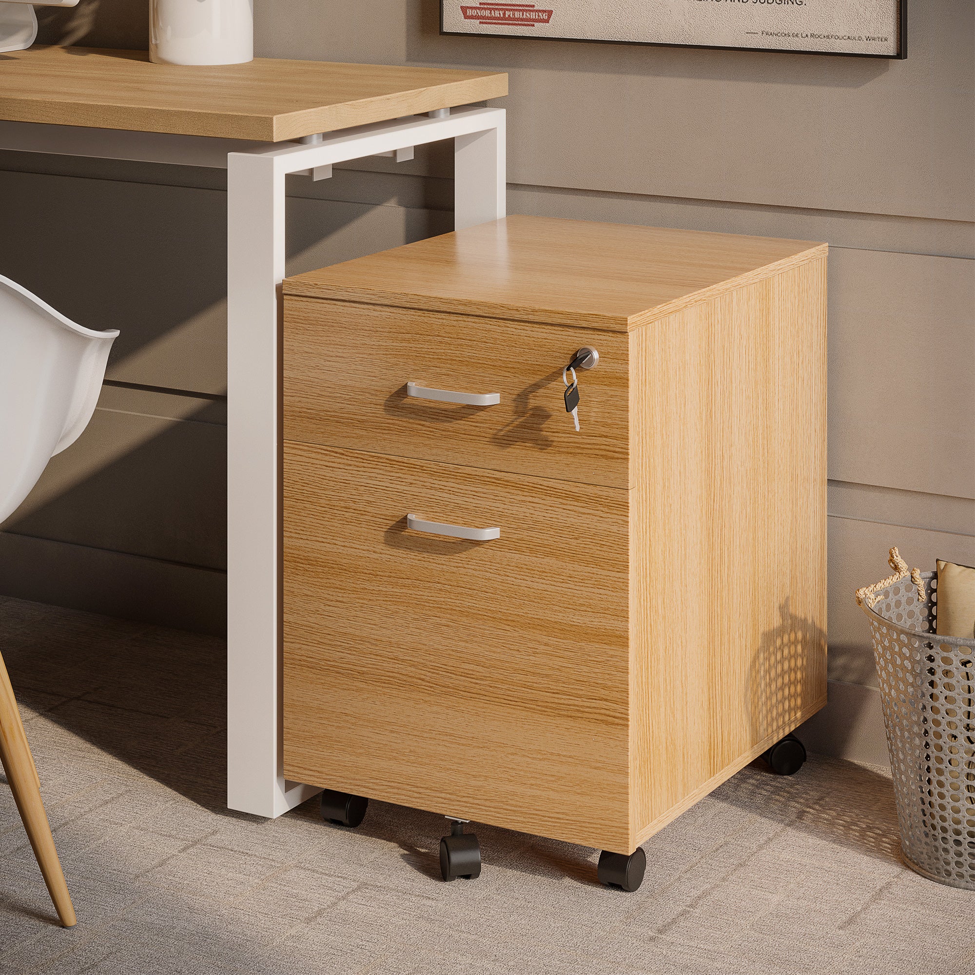 2 Drawer File Cabinet with Lock and Keys, Mobile Vertical Filing Cabinet with Wheels and Drawers, Home Office Cabinet, Natural-Office Products > Office Furniture > Office Cabinets & Cupboards-DECOROLALA
