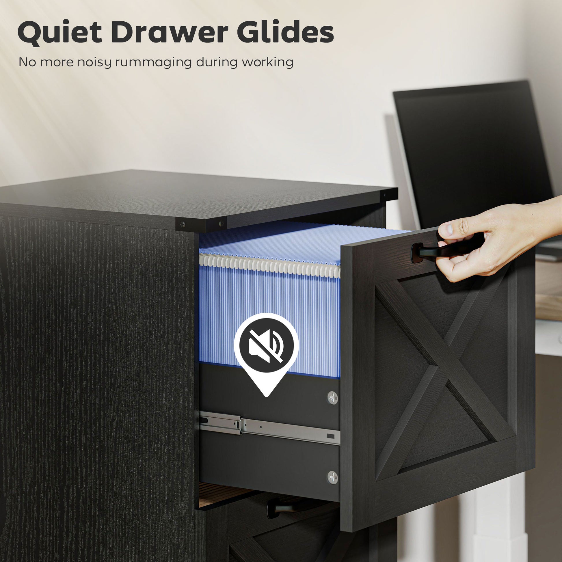 2 Drawer File Cabinet with Silent Slides, Vertical Farmhouse Filing Cabinet Fits Letter/A4 Size Home Office, Black-Office Products > Office Furniture > Office Cabinets & Cupboards-DECOROLALA