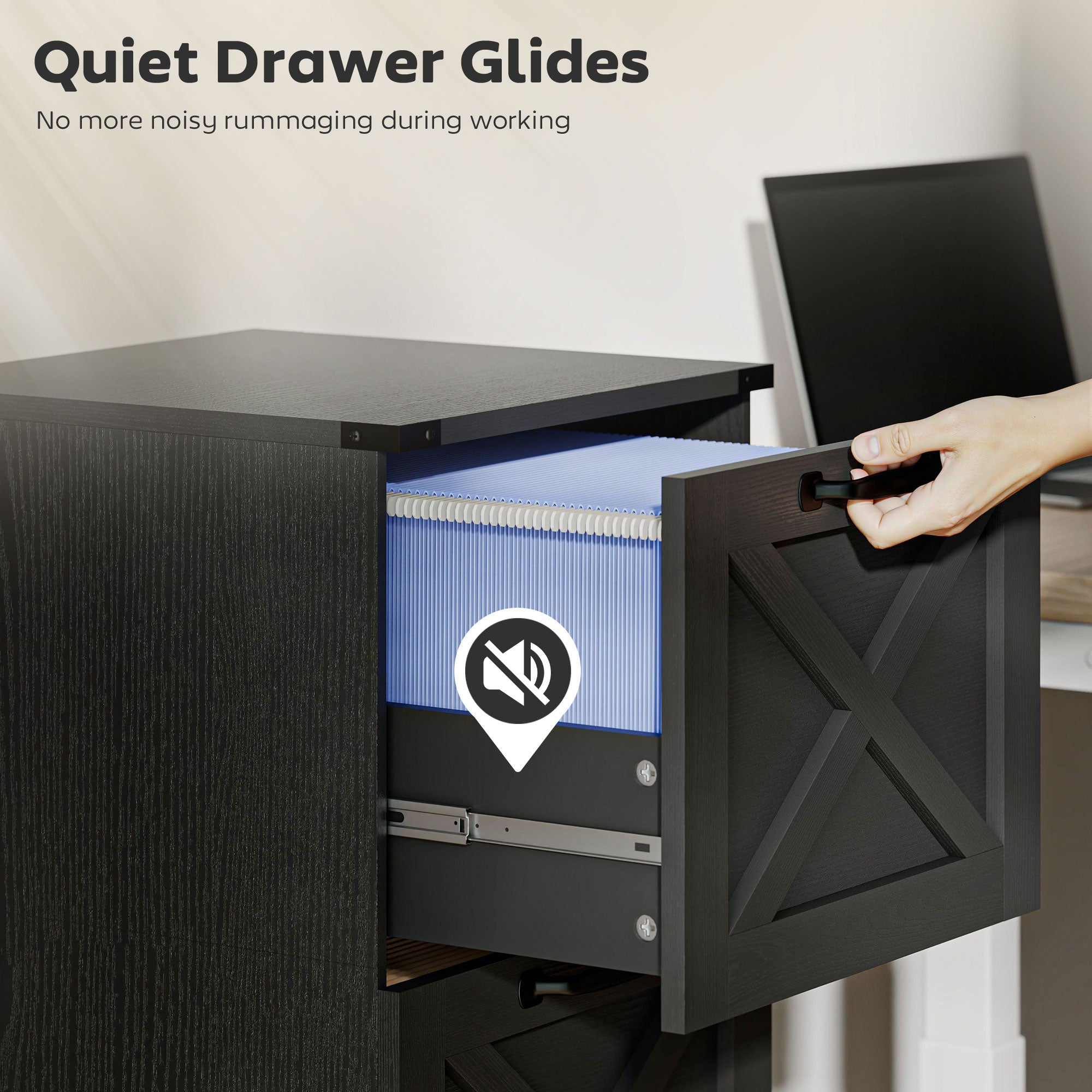 2 Drawer File Cabinet with Silent Slides, Vertical Farmhouse Filing Cabinet Fits Letter/A4 Size Home Office, Black-Office Products > Office Furniture > Office Cabinets & Cupboards-DECOROLALA