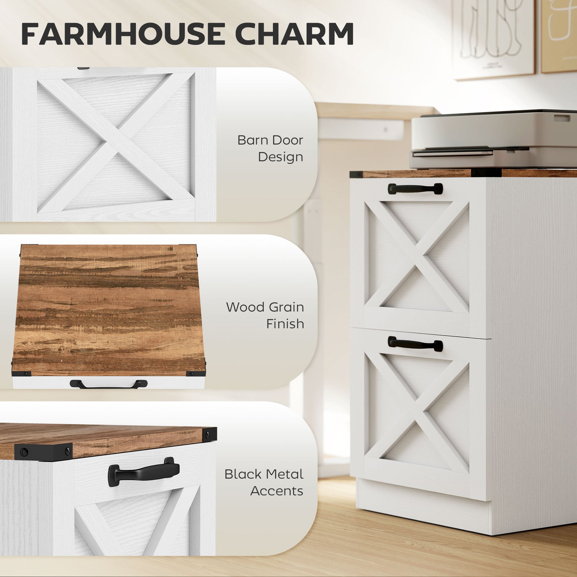 2 Drawer File Cabinet with Silent Slides, Vertical Farmhouse Filing Cabinet Fits Letter/A4 Size Home Office, White-Office Products > Office Furniture > Office Cabinets & Cupboards-DECOROLALA