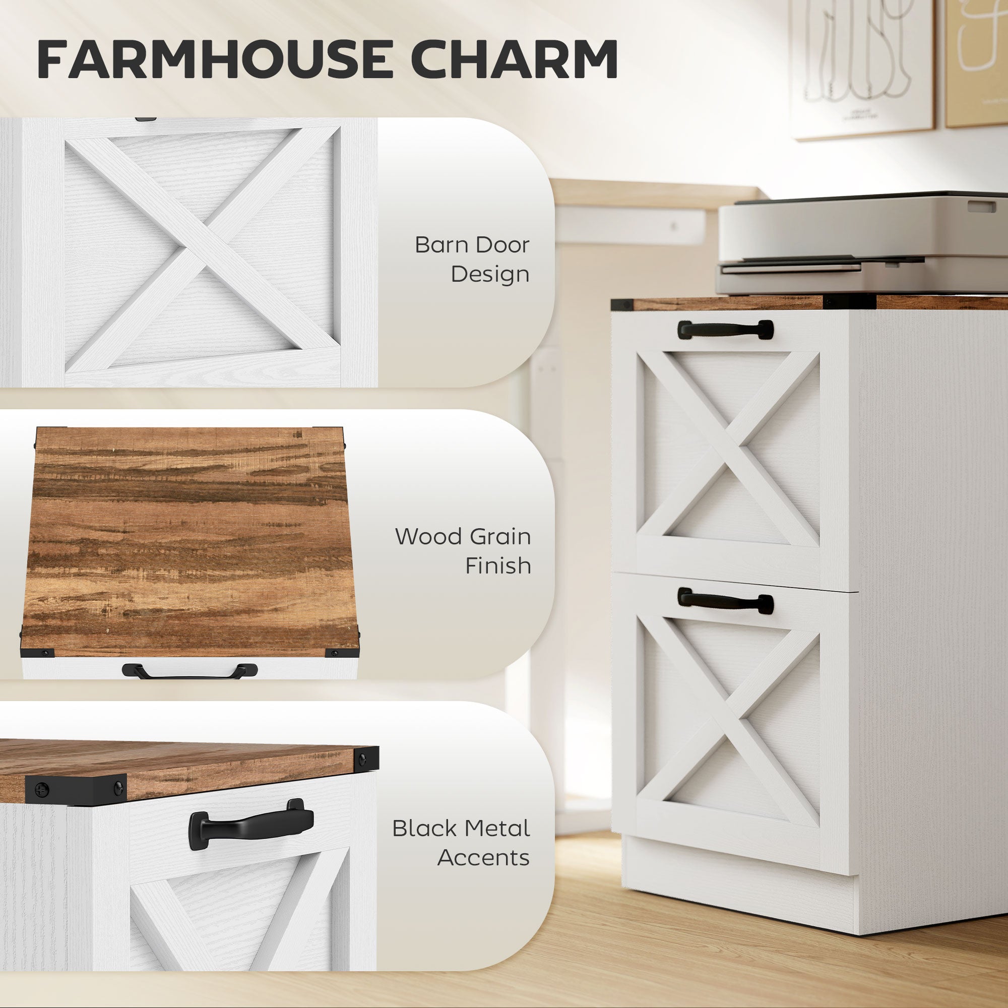 2 Drawer File Cabinet with Silent Slides, Vertical Farmhouse Filing Cabinet Fits Letter/A4 Size Home Office, White-Office Products > Office Furniture > Office Cabinets & Cupboards-DECOROLALA