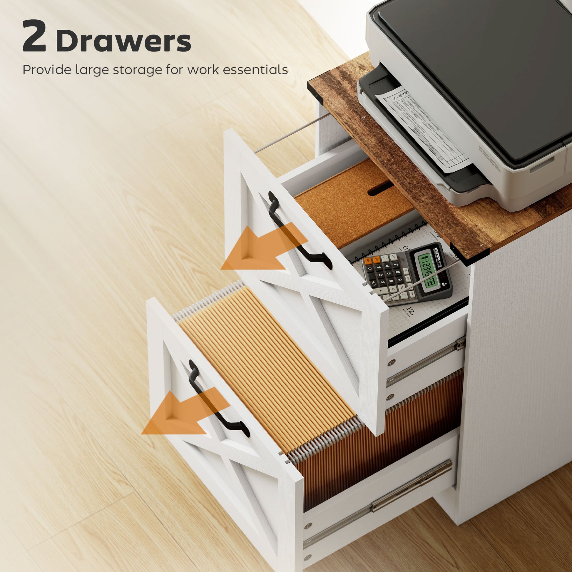 2 Drawer File Cabinet with Silent Slides, Vertical Farmhouse Filing Cabinet Fits Letter/A4 Size Home Office, White-Office Products > Office Furniture > Office Cabinets & Cupboards-DECOROLALA