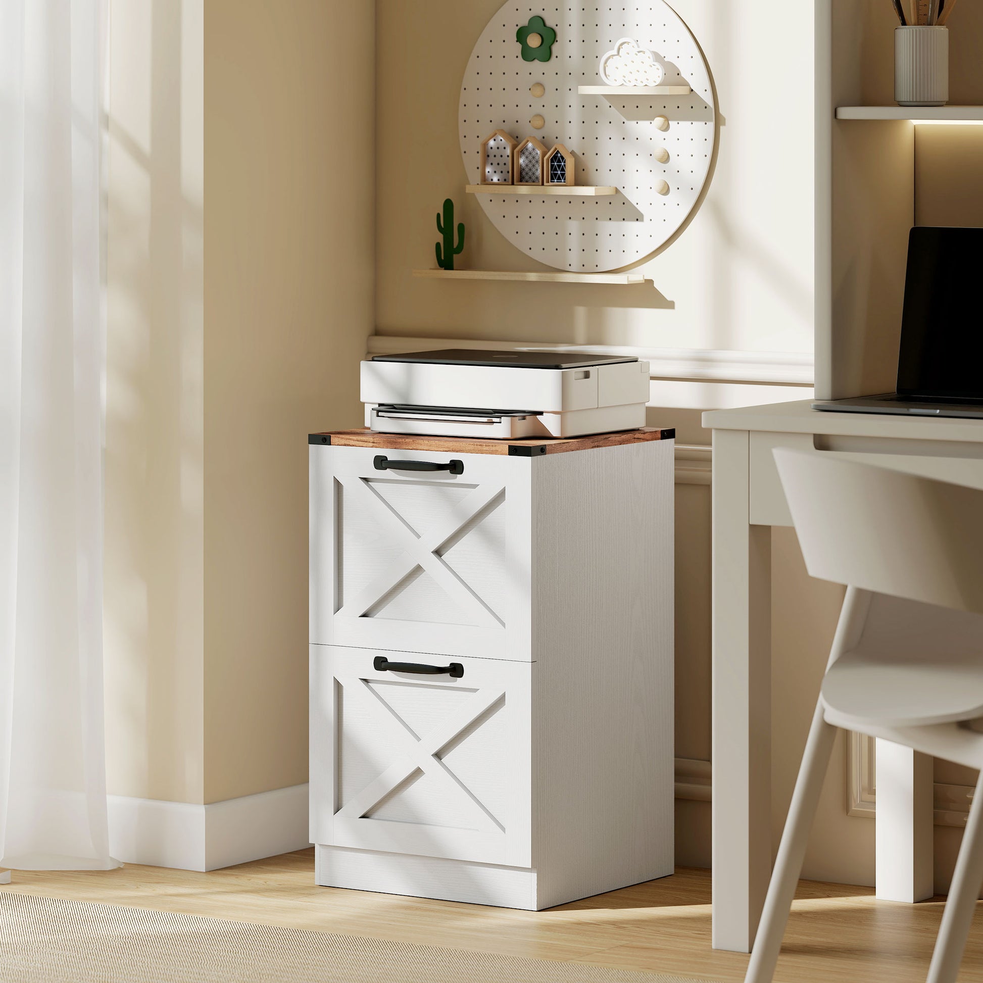2 Drawer File Cabinet with Silent Slides, Vertical Farmhouse Filing Cabinet Fits Letter/A4 Size Home Office, White-Office Products > Office Furniture > Office Cabinets & Cupboards-DECOROLALA