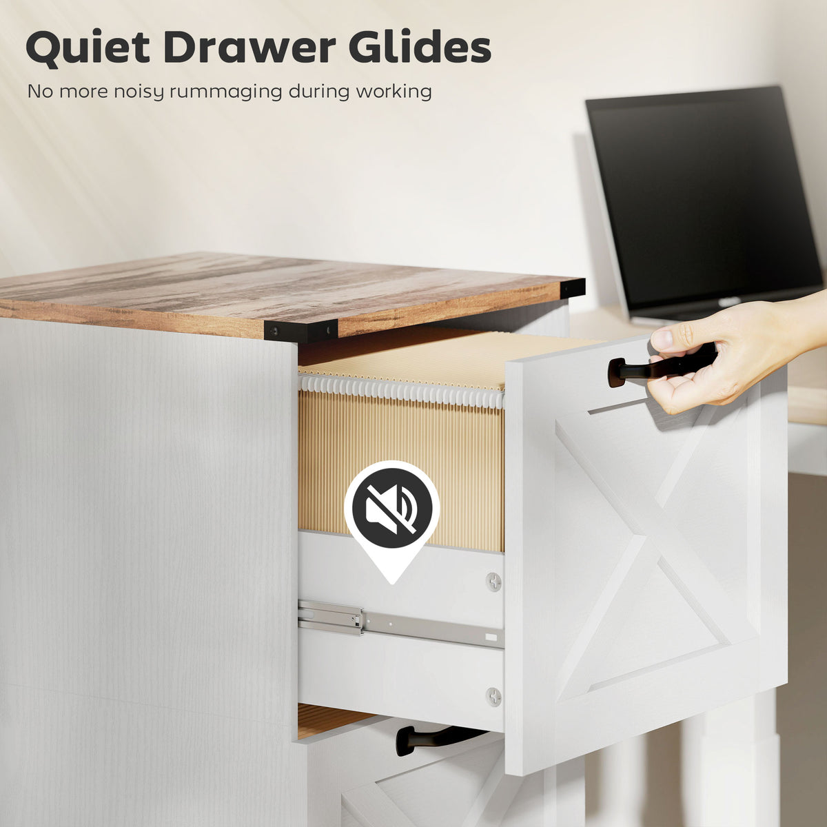 2 Drawer File Cabinet with Silent Slides, Vertical Farmhouse Filing Cabinet Fits Letter/A4 Size Home Office, White-Office Storage Cabinets-DECOROLALA