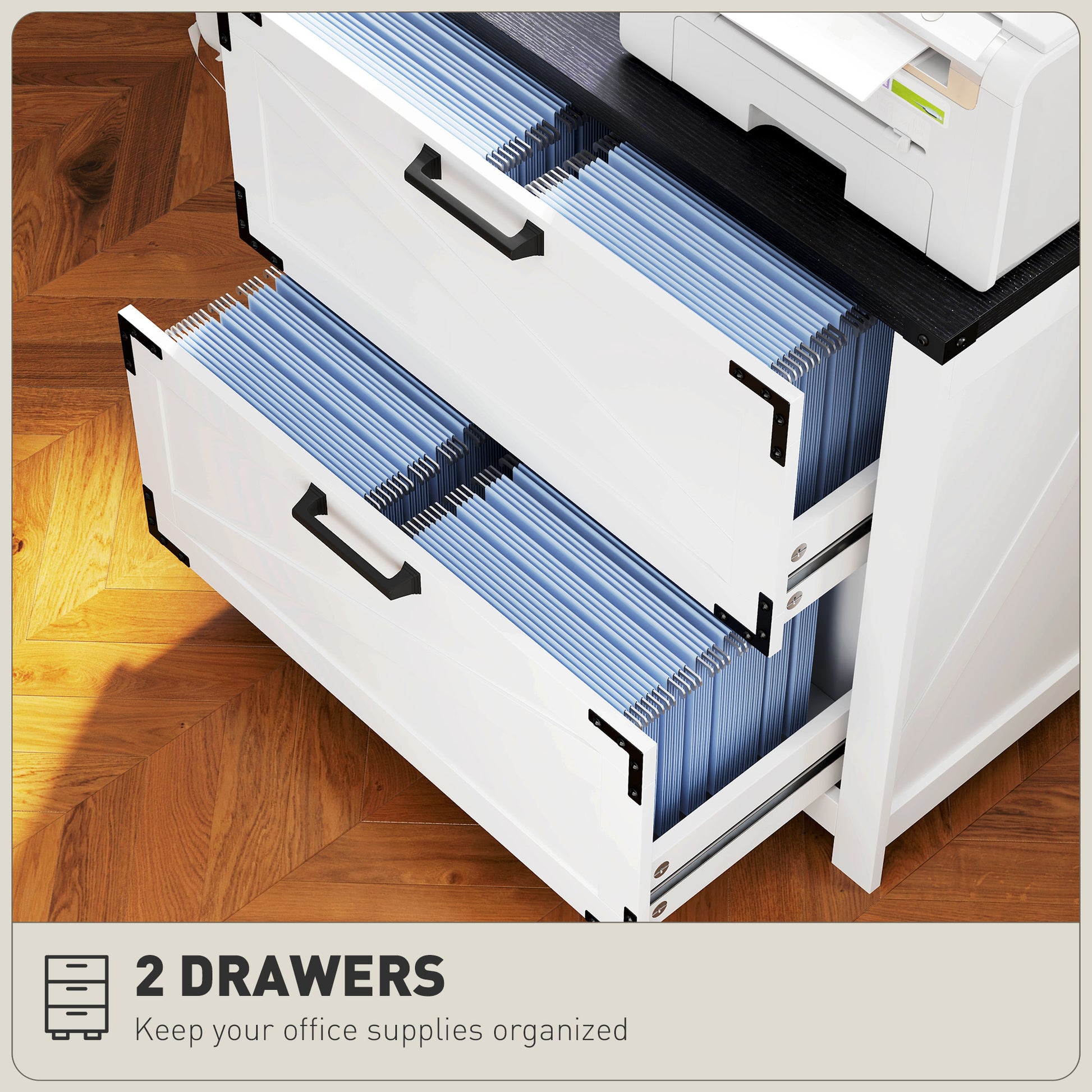 2 Drawer Filing Cabinet, Farmhouse Office Storage Cabinet with Adjustable Hanging Bars for Letter, A4, Legal Size, White-Office Products > Office Furniture > Office Cabinets & Cupboards-DECOROLALA