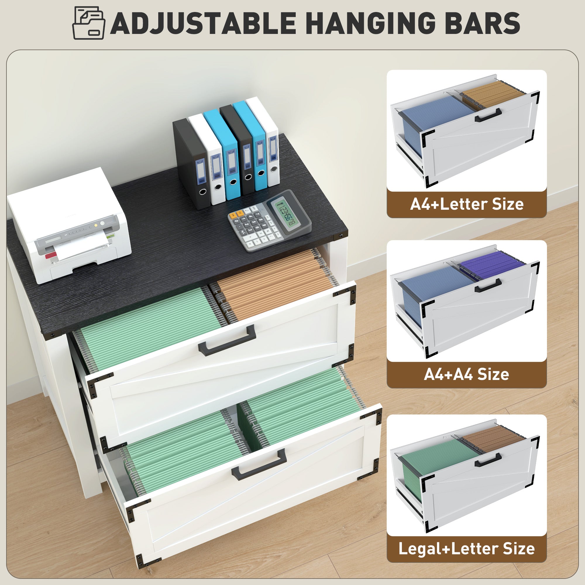 2 Drawer Filing Cabinet, Farmhouse Office Storage Cabinet with Adjustable Hanging Bars for Letter, A4, Legal Size, White-Office Products > Office Furniture > Office Cabinets & Cupboards-DECOROLALA