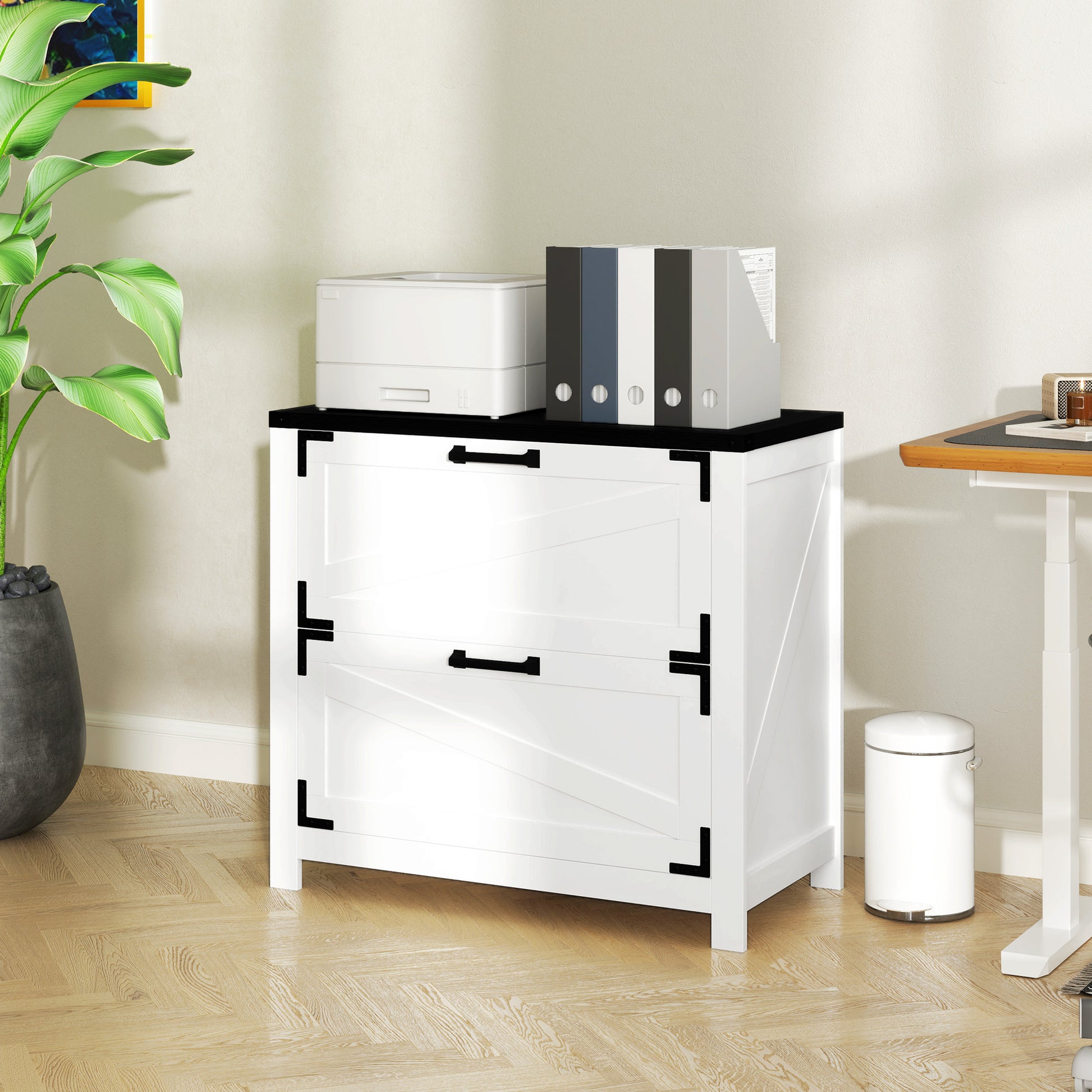 2 Drawer Filing Cabinet, Farmhouse Office Storage Cabinet with Adjustable Hanging Bars for Letter, A4, Legal Size, White-Office Products > Office Furniture > Office Cabinets & Cupboards-DECOROLALA