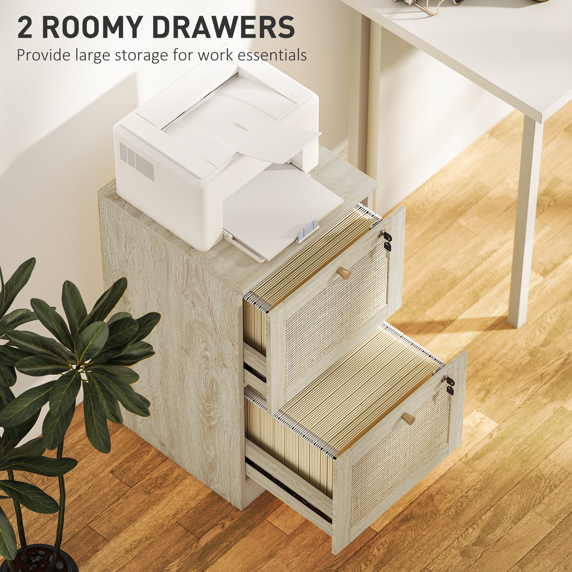 2 Drawer Filing Cabinet with Lock, Boho File Cabinet for A4 Letter Size Files with Decorative Rattan Accents, Oak-Office Products > Office Furniture > Office Cabinets & Cupboards-DECOROLALA