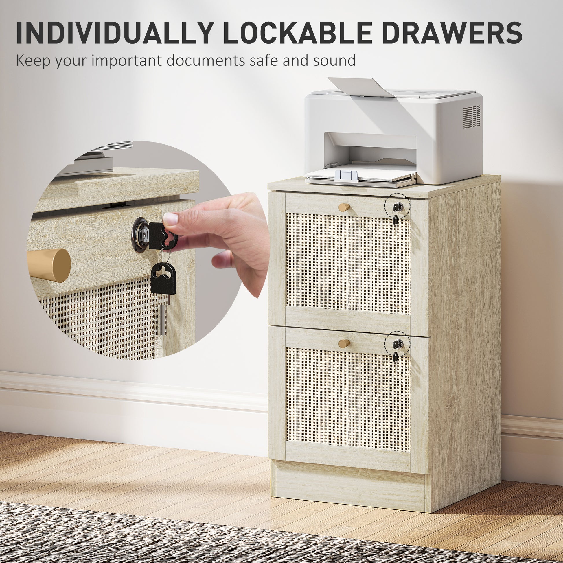 2 Drawer Filing Cabinet with Lock, Boho File Cabinet for A4 Letter Size Files with Decorative Rattan Accents, Oak-Office Products > Office Furniture > Office Cabinets & Cupboards-DECOROLALA