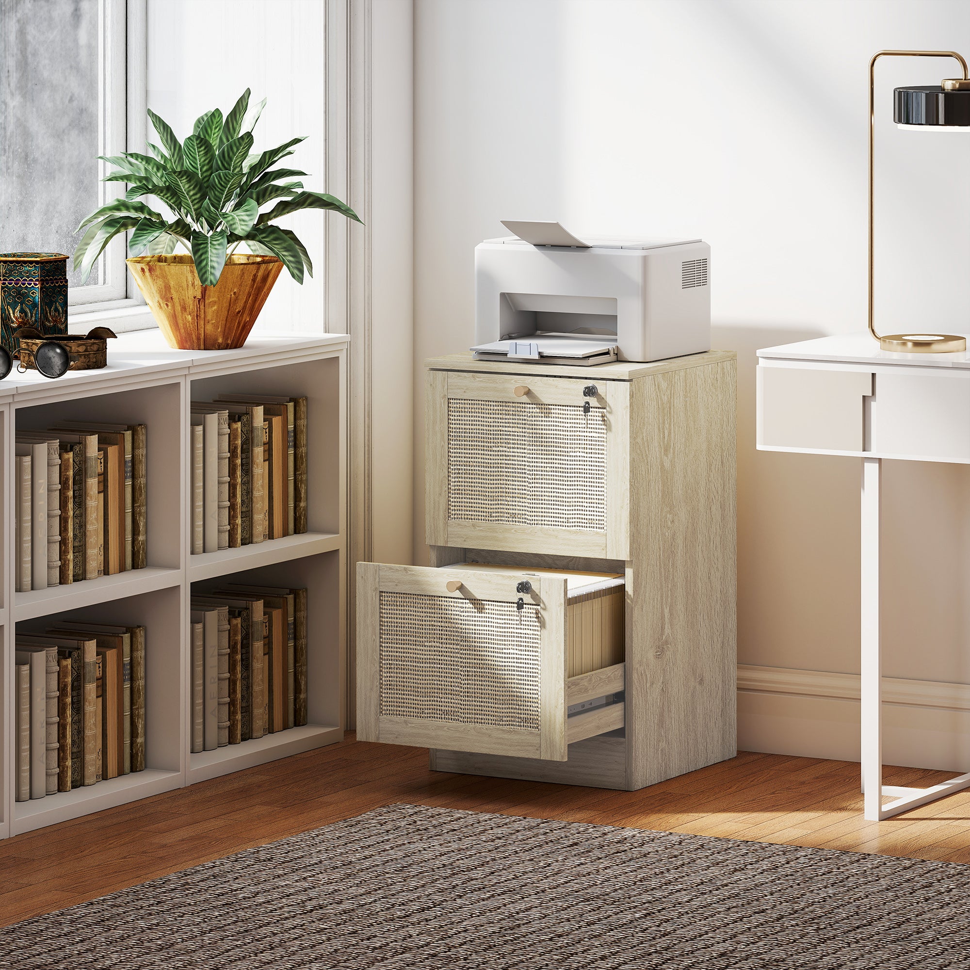 2 Drawer Filing Cabinet with Lock, Boho File Cabinet for A4 Letter Size Files with Decorative Rattan Accents, Oak-Office Products > Office Furniture > Office Cabinets & Cupboards-DECOROLALA