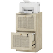 2 Drawer Filing Cabinet with Lock, Boho File Cabinet for A4 Letter Size Files with Decorative Rattan Accents, Oak-Office Products > Office Furniture > Office Cabinets & Cupboards-DECOROLALA