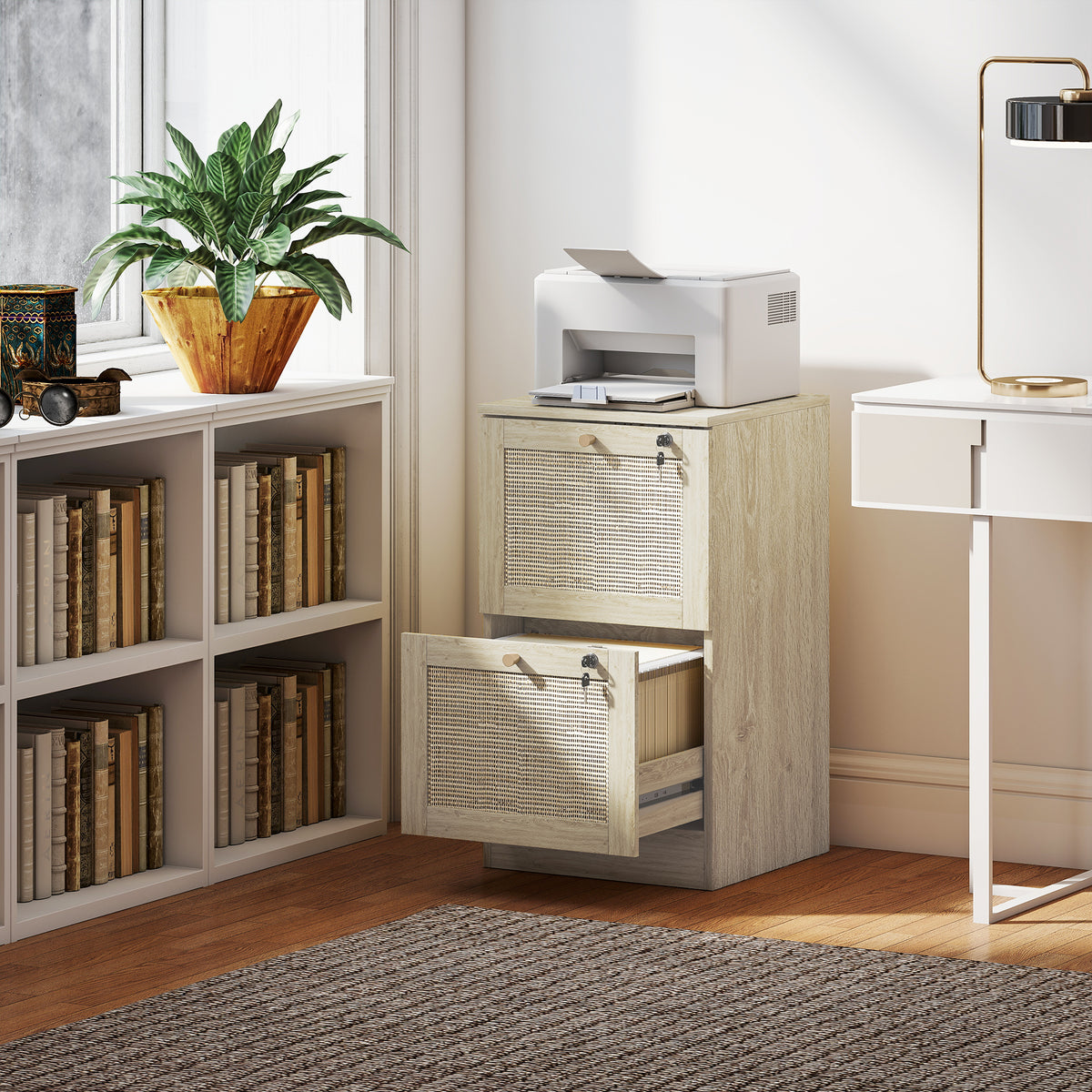 2 Drawer Filing Cabinet with Lock, Boho File Cabinet for A4 Letter Size Files with Decorative Rattan Accents, Oak-Office Storage Cabinets-DECOROLALA
