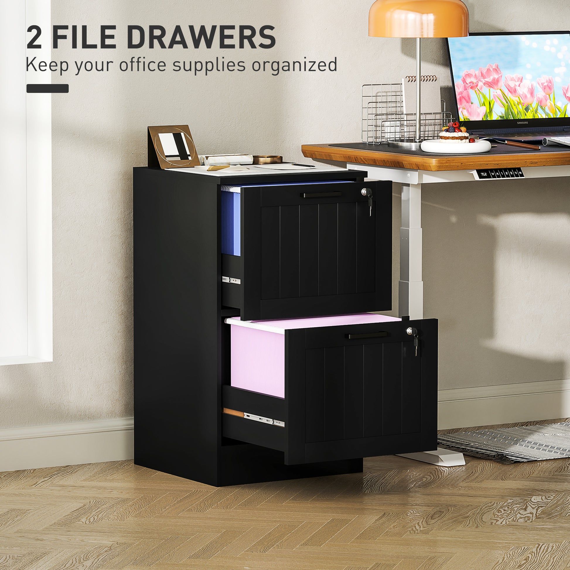 2 Drawer Filing Cabinet with Lock, Office Storage Cabinet with Adjustable Hanging Bars for A4 Letter Size Files, Black-Office Products > Office Furniture > Office Cabinets & Cupboards-DECOROLALA