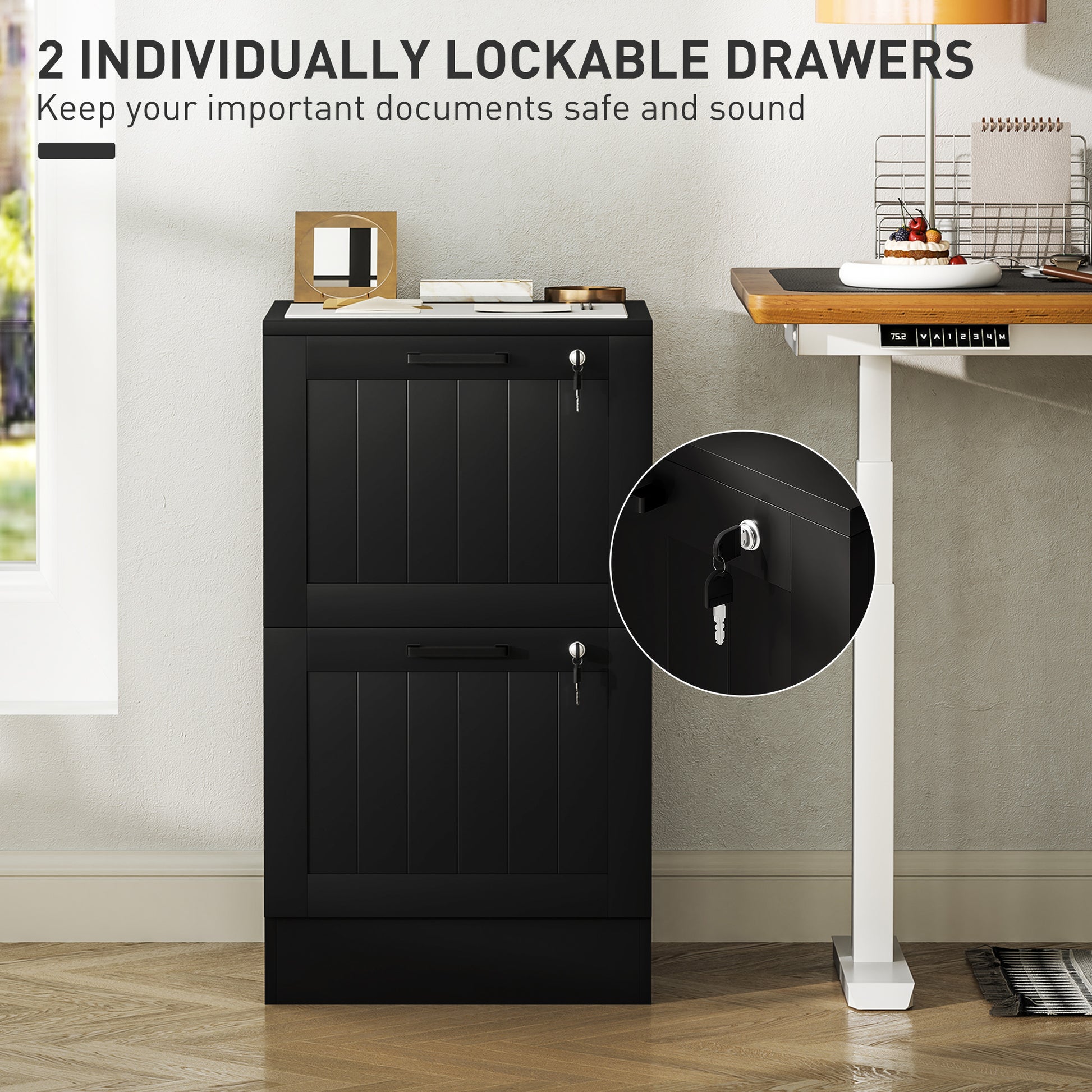 2 Drawer Filing Cabinet with Lock, Office Storage Cabinet with Adjustable Hanging Bars for A4 Letter Size Files, Black-Office Products > Office Furniture > Office Cabinets & Cupboards-DECOROLALA