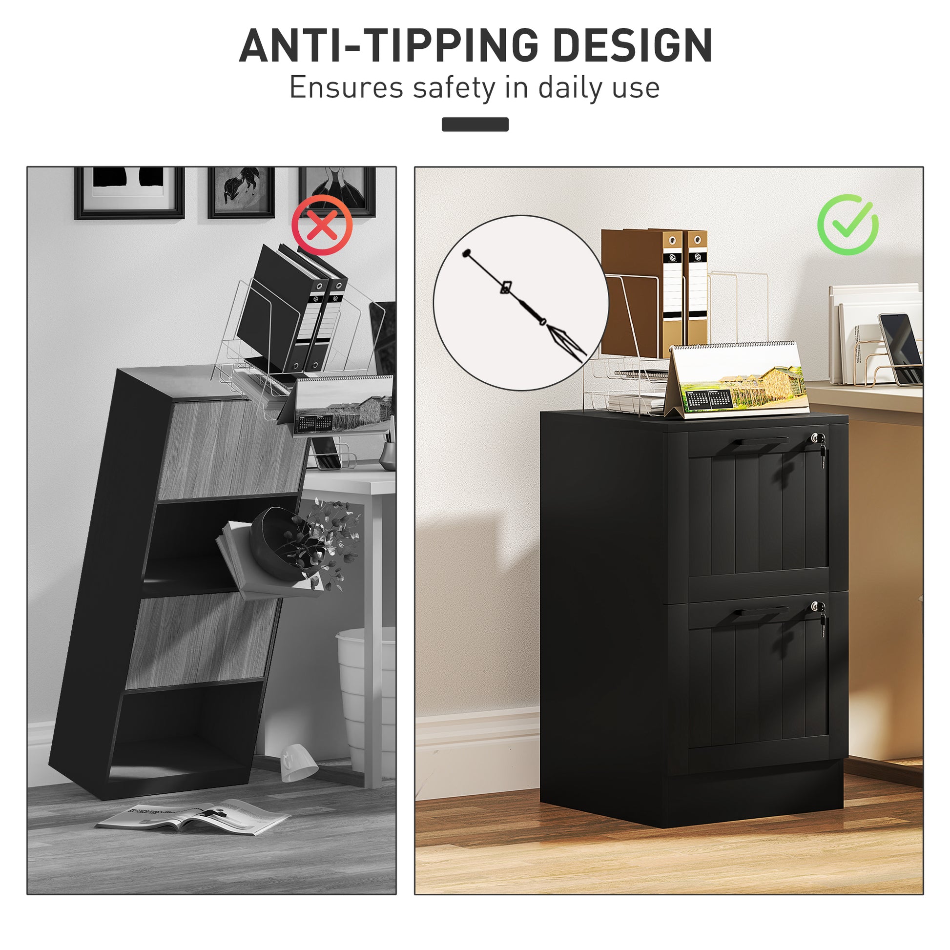 2 Drawer Filing Cabinet with Lock, Office Storage Cabinet with Adjustable Hanging Bars for A4 Letter Size Files, Black-Office Products > Office Furniture > Office Cabinets & Cupboards-DECOROLALA
