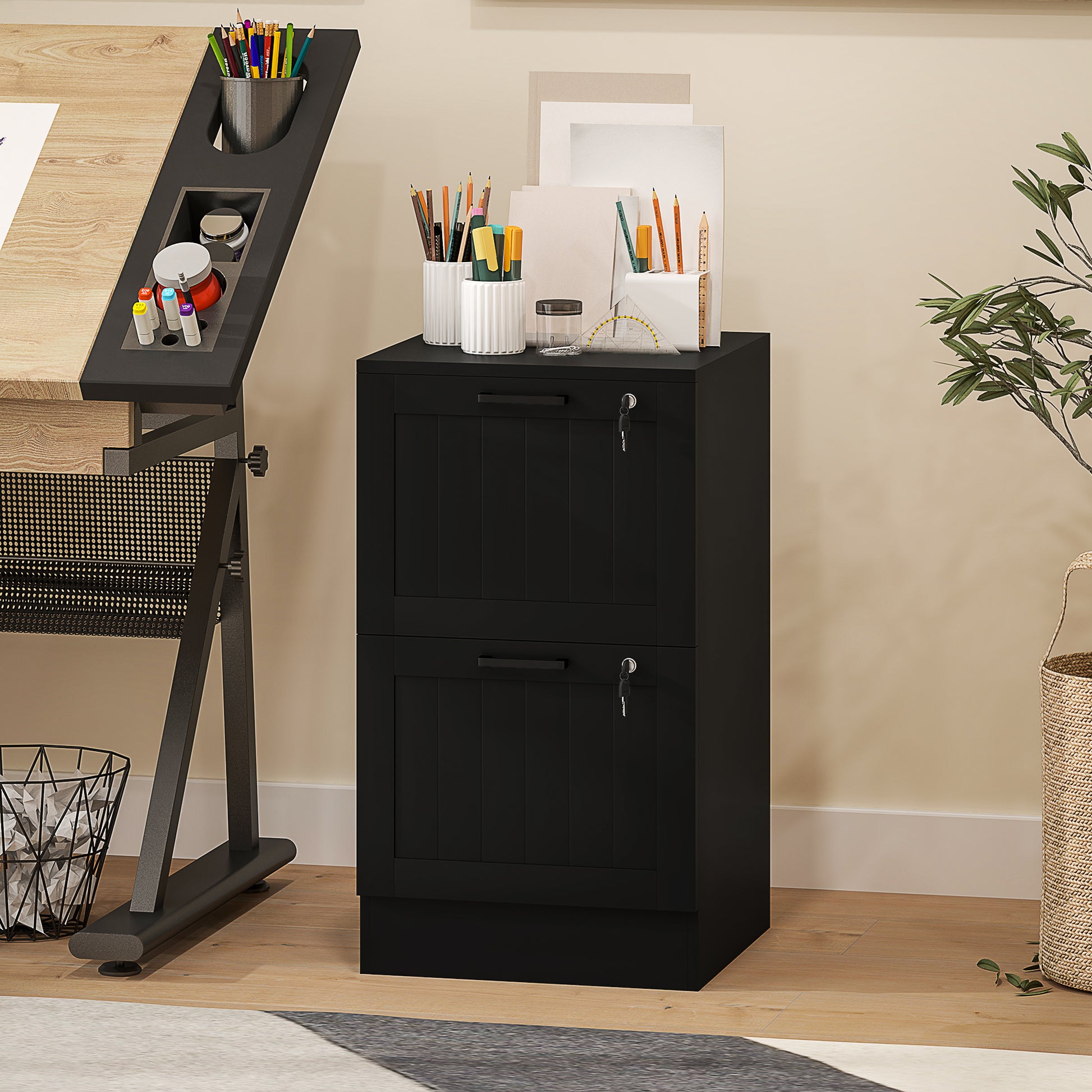 2 Drawer Filing Cabinet with Lock, Office Storage Cabinet with Adjustable Hanging Bars for A4 Letter Size Files, Black-Office Products > Office Furniture > Office Cabinets & Cupboards-DECOROLALA