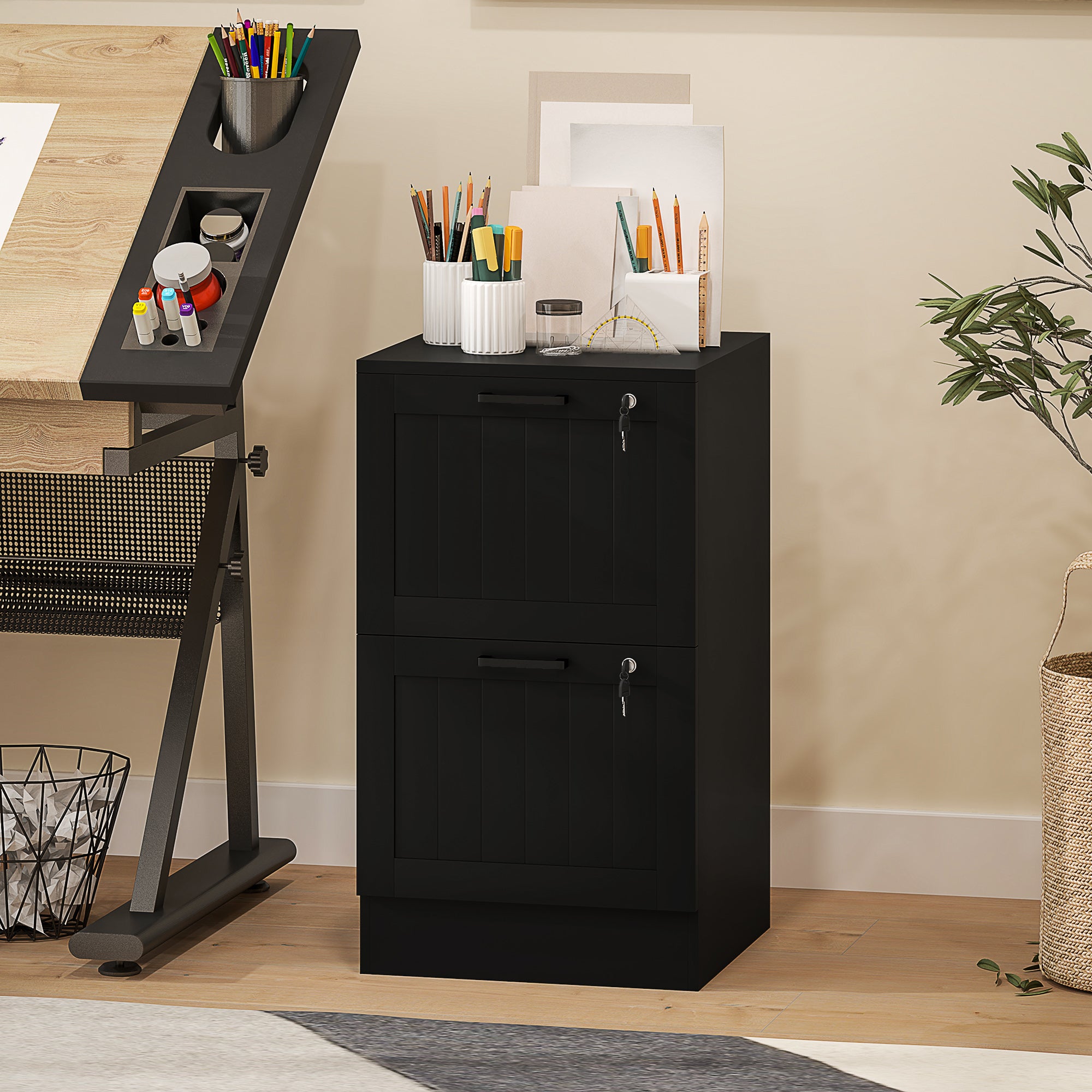 2 Drawer Filing Cabinet with Lock, Office Storage Cabinet with Adjustable Hanging Bars for A4 Letter Size Files, Black-Office Products > Office Furniture > Office Cabinets & Cupboards-DECOROLALA