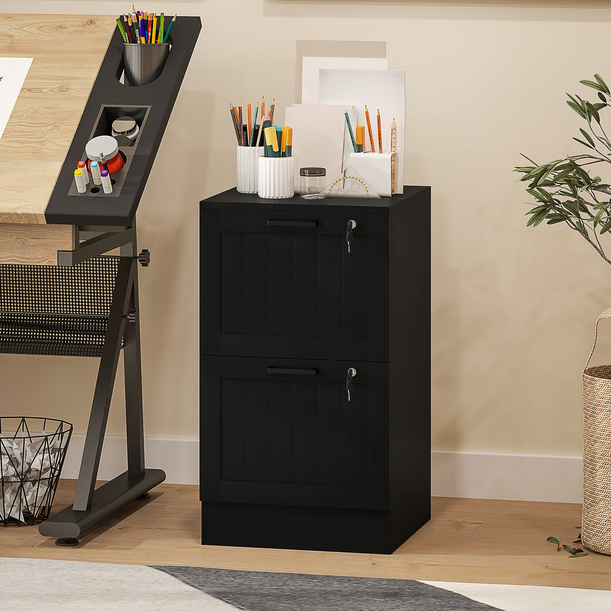 2 Drawer Filing Cabinet with Lock, Office Storage Cabinet with Adjustable Hanging Bars for A4 Letter Size Files, Black-Office Storage Cabinets-DECOROLALA