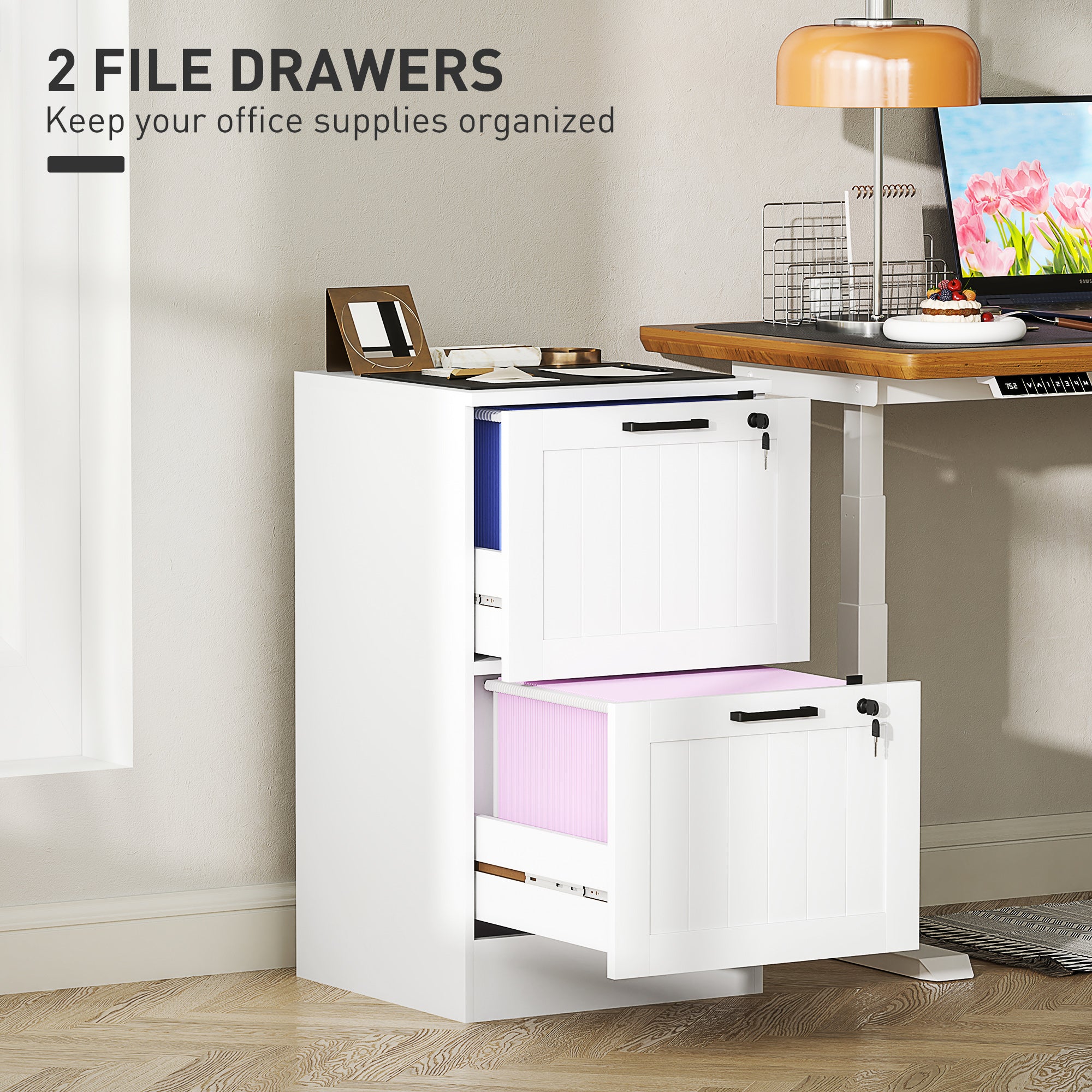 2 Drawer Filing Cabinet with Lock, Office Storage Cabinet with Adjustable Hanging Bars for A4 Letter Size Files, White-Office Products > Office Furniture > Office Cabinets & Cupboards-DECOROLALA