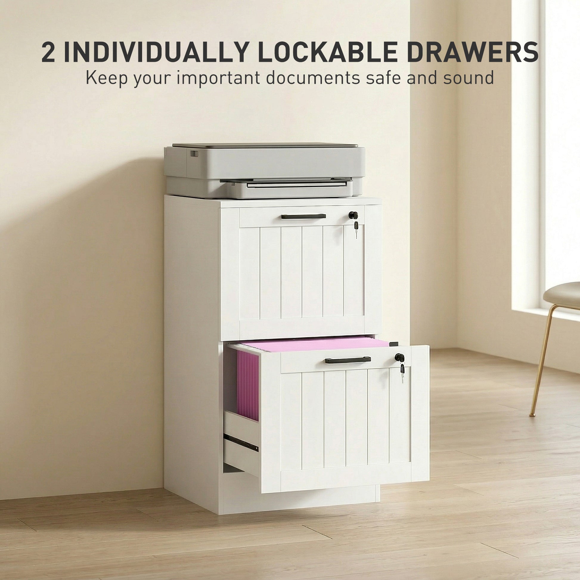 2 Drawer Filing Cabinet with Lock, Office Storage Cabinet with Adjustable Hanging Bars for A4 Letter Size Files, White-Office Products > Office Furniture > Office Cabinets & Cupboards-DECOROLALA