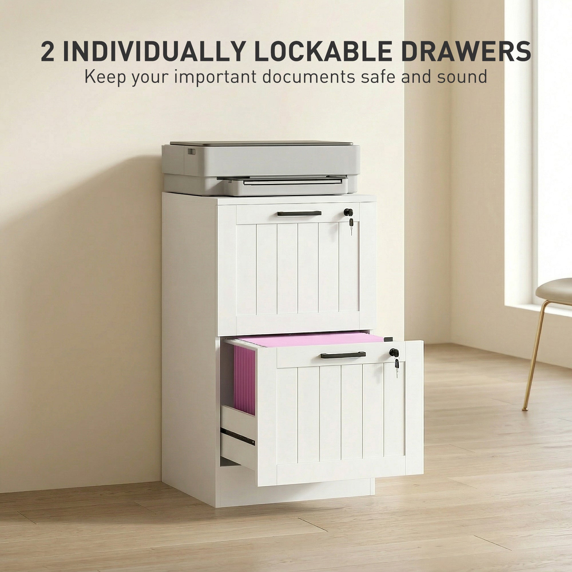 2 Drawer Filing Cabinet with Lock, Office Storage Cabinet with Adjustable Hanging Bars for A4 Letter Size Files, White-Office Products > Office Furniture > Office Cabinets & Cupboards-DECOROLALA