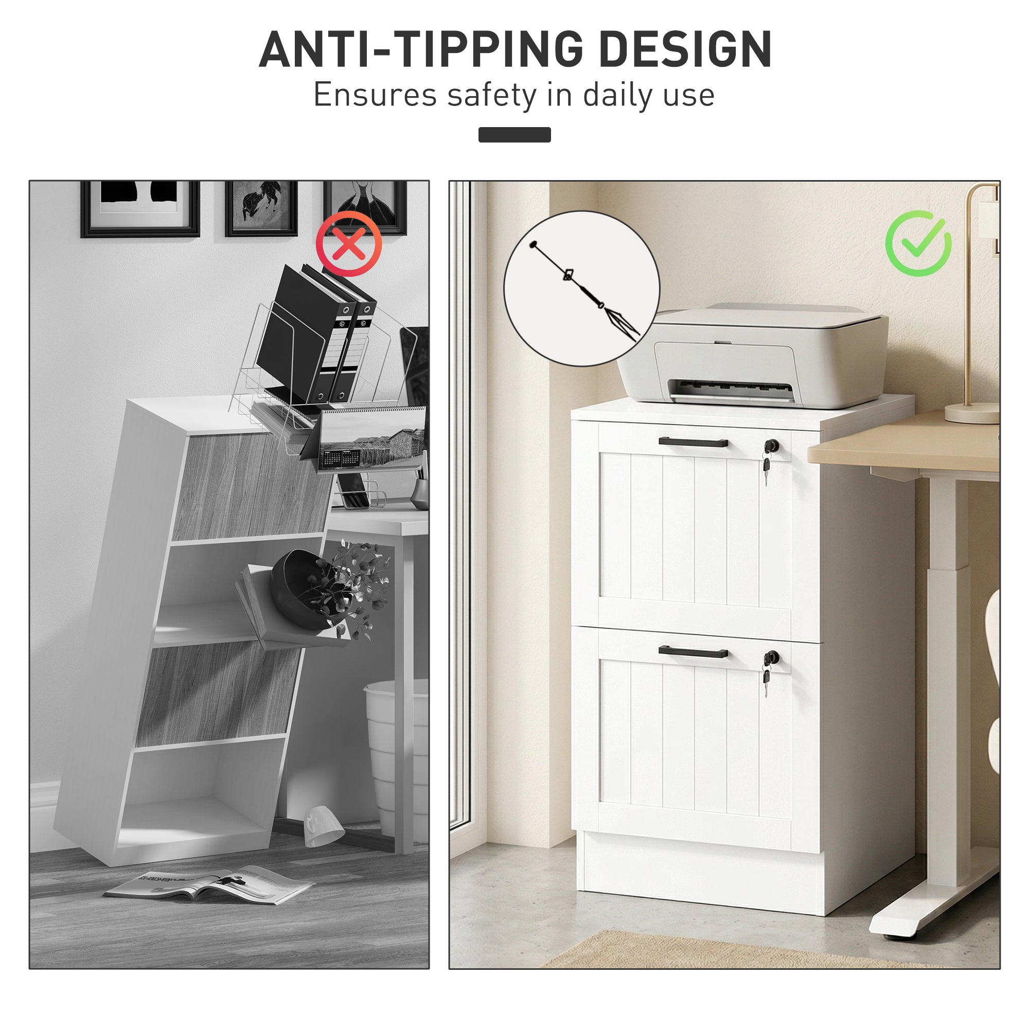 2 Drawer Filing Cabinet with Lock, Office Storage Cabinet with Adjustable Hanging Bars for A4 Letter Size Files, White-Office Products > Office Furniture > Office Cabinets & Cupboards-DECOROLALA