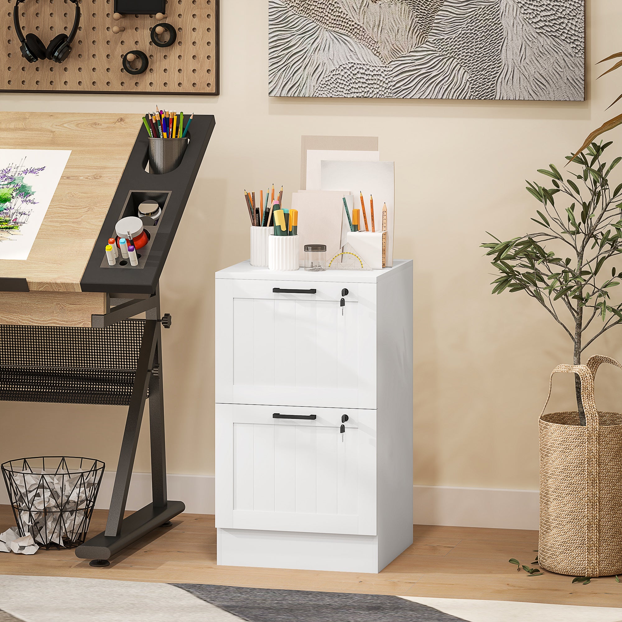 2 Drawer Filing Cabinet with Lock, Office Storage Cabinet with Adjustable Hanging Bars for A4 Letter Size Files, White-Office Products > Office Furniture > Office Cabinets & Cupboards-DECOROLALA