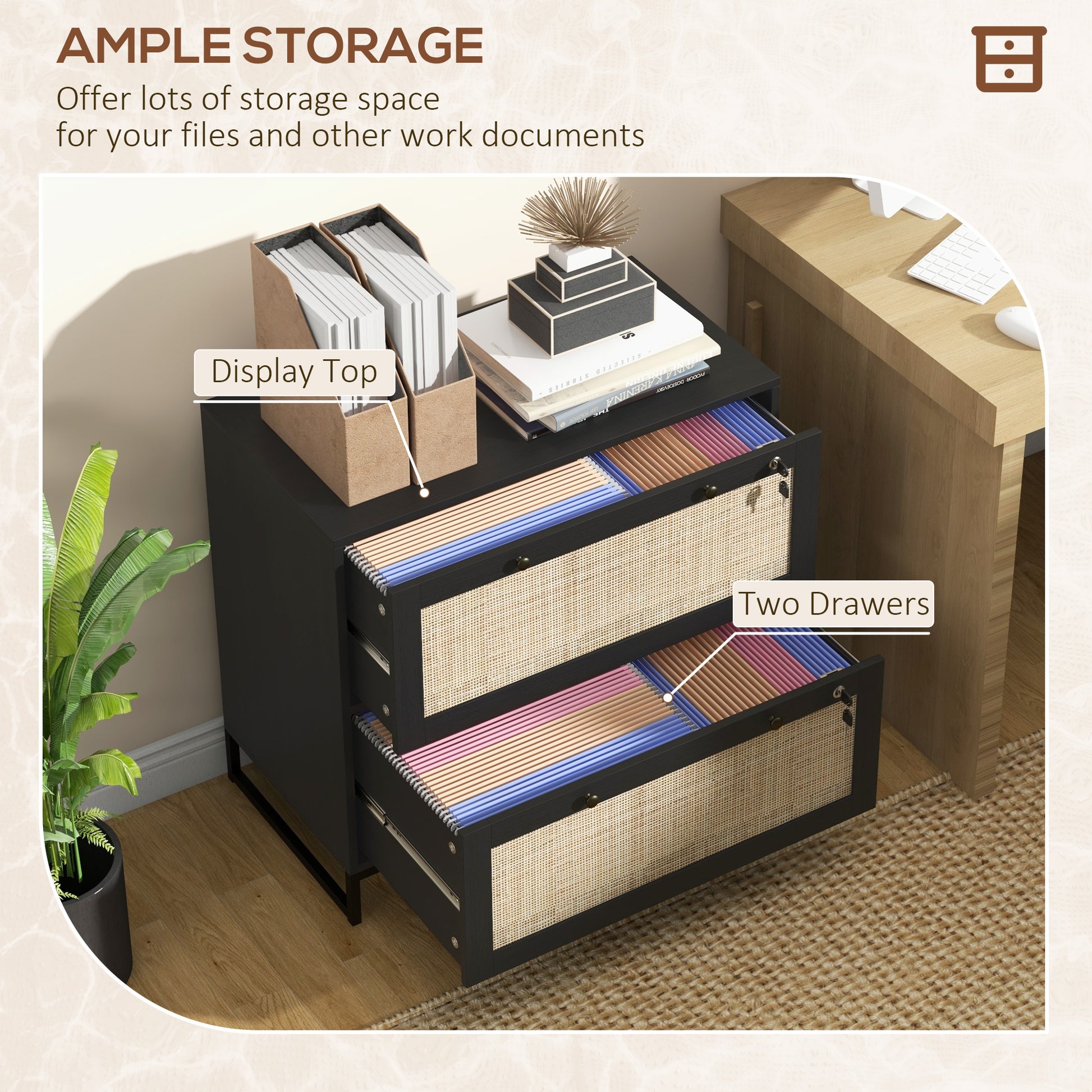 2-Drawer Filing Cabinet with Lock, Rattan File Cabinet with Adjustable Hanging Bar, Black-Office Products > Office Furniture > Office Cabinets & Cupboards-DECOROLALA
