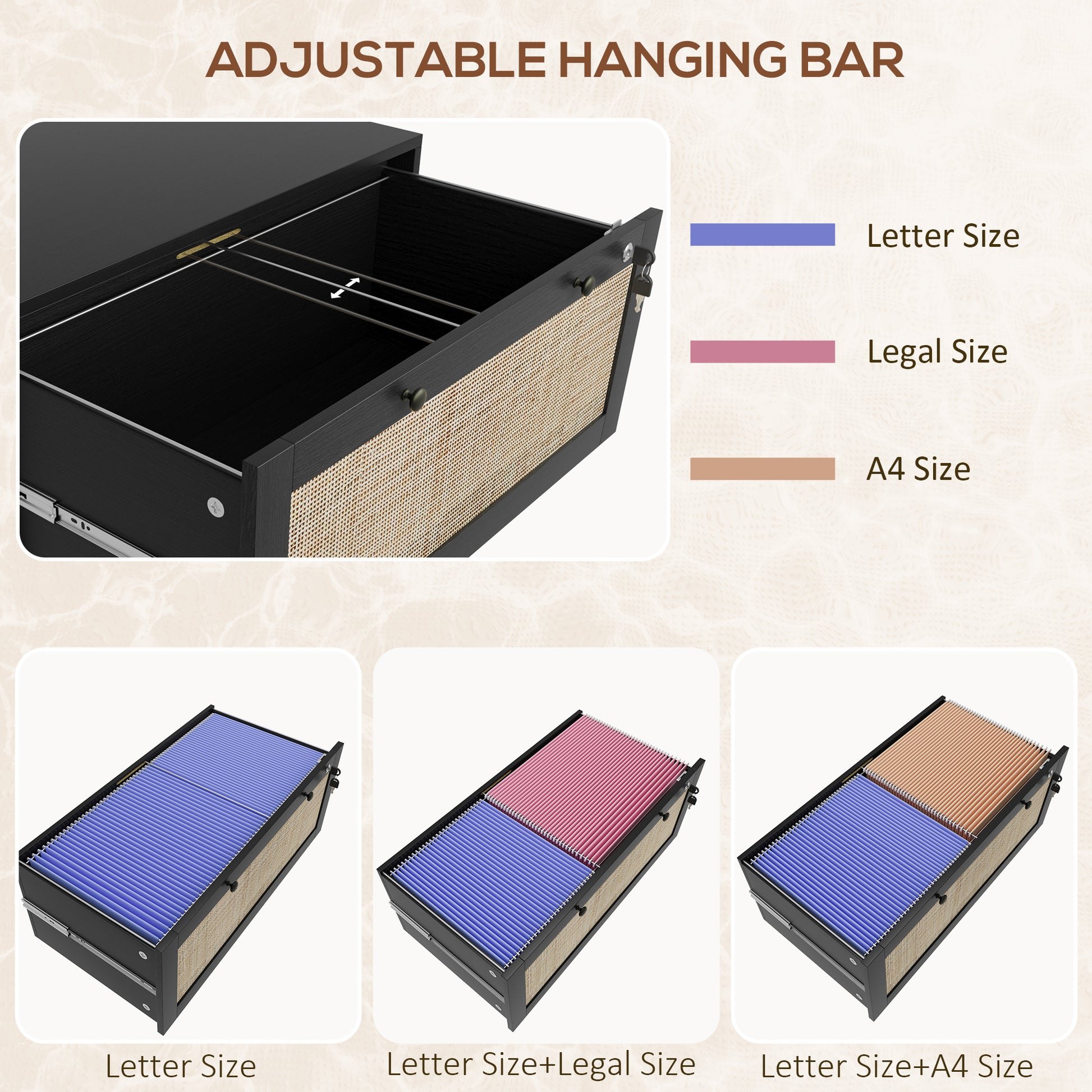 2-Drawer Filing Cabinet with Lock, Rattan File Cabinet with Adjustable Hanging Bar, Black-Office Products > Office Furniture > Office Cabinets & Cupboards-DECOROLALA