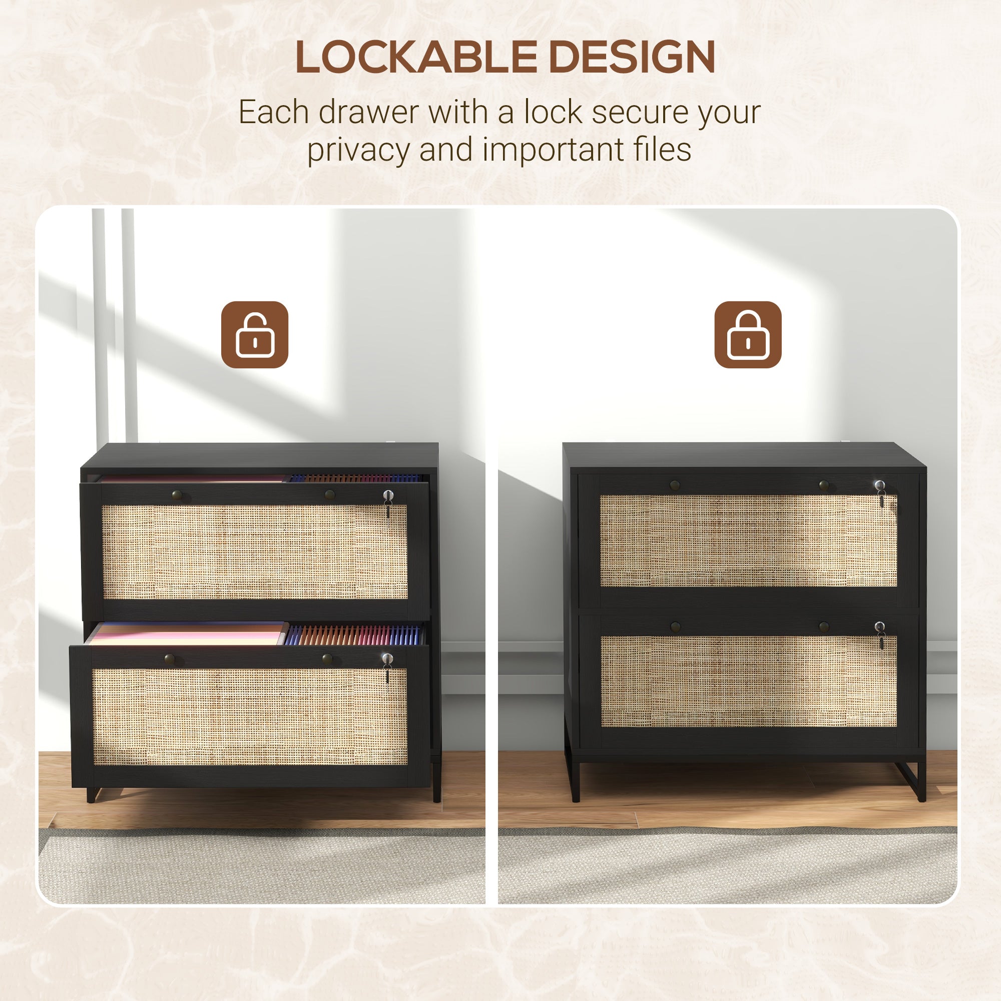 2-Drawer Filing Cabinet with Lock, Rattan File Cabinet with Adjustable Hanging Bar, Black-Office Products > Office Furniture > Office Cabinets & Cupboards-DECOROLALA