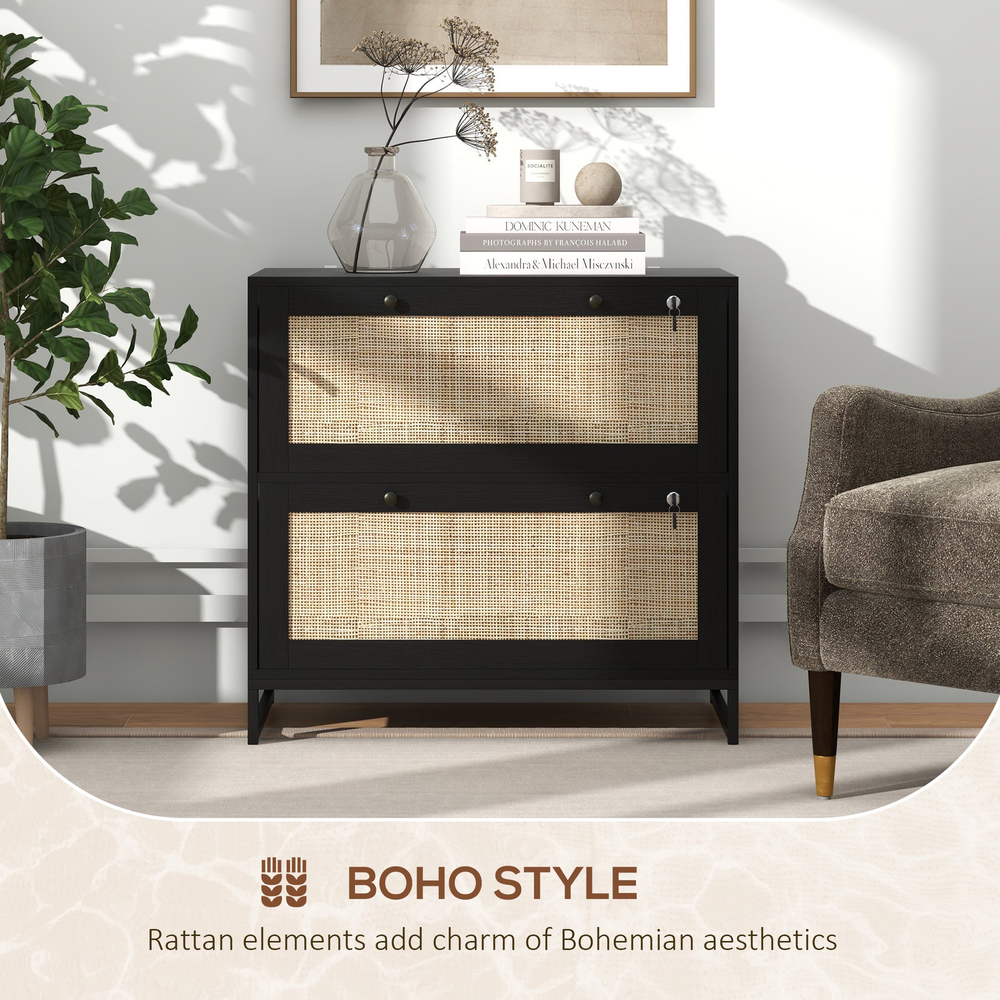 2-Drawer Filing Cabinet with Lock, Rattan File Cabinet with Adjustable Hanging Bar, Black-Office Products > Office Furniture > Office Cabinets & Cupboards-DECOROLALA
