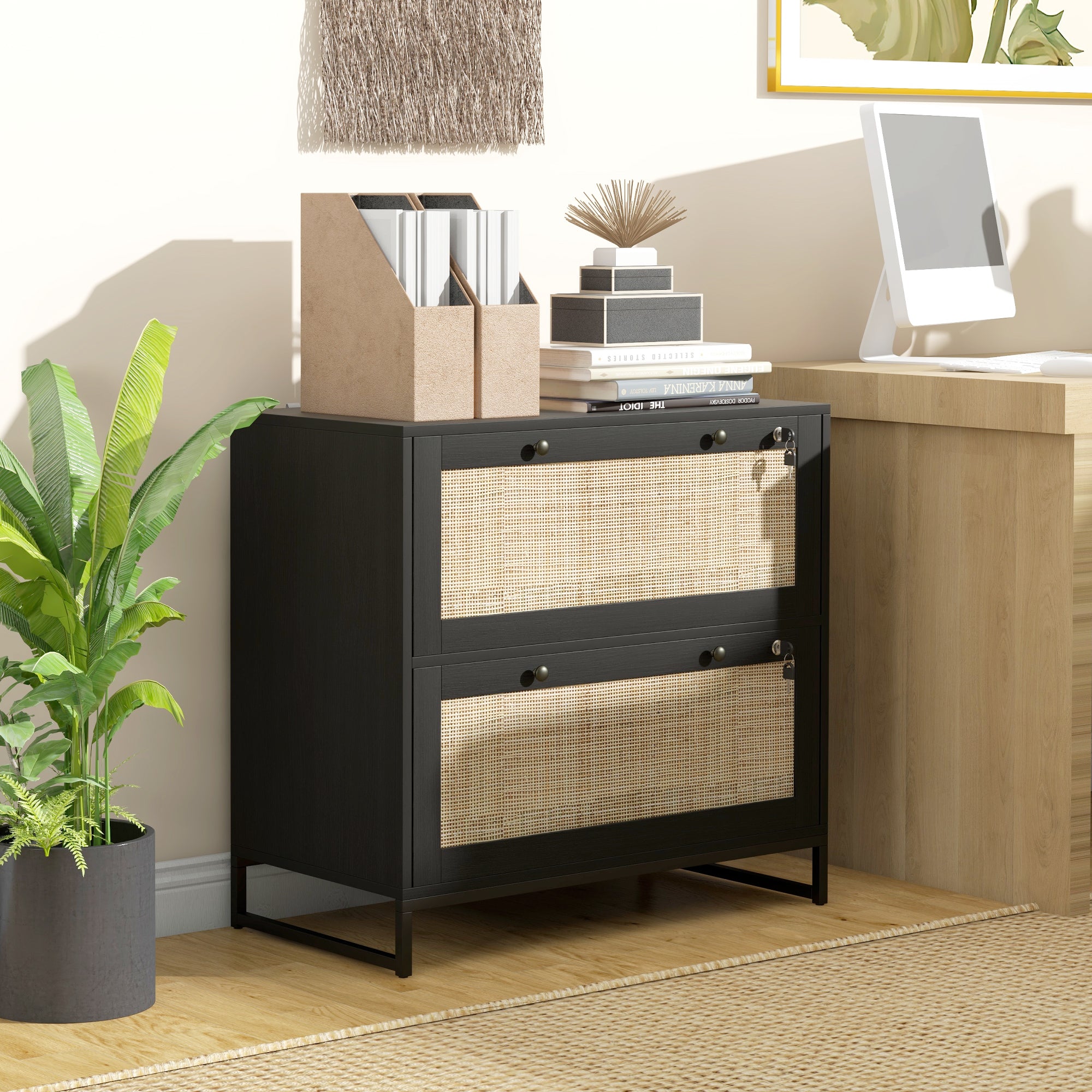 2-Drawer Filing Cabinet with Lock, Rattan File Cabinet with Adjustable Hanging Bar, Black-Office Products > Office Furniture > Office Cabinets & Cupboards-DECOROLALA