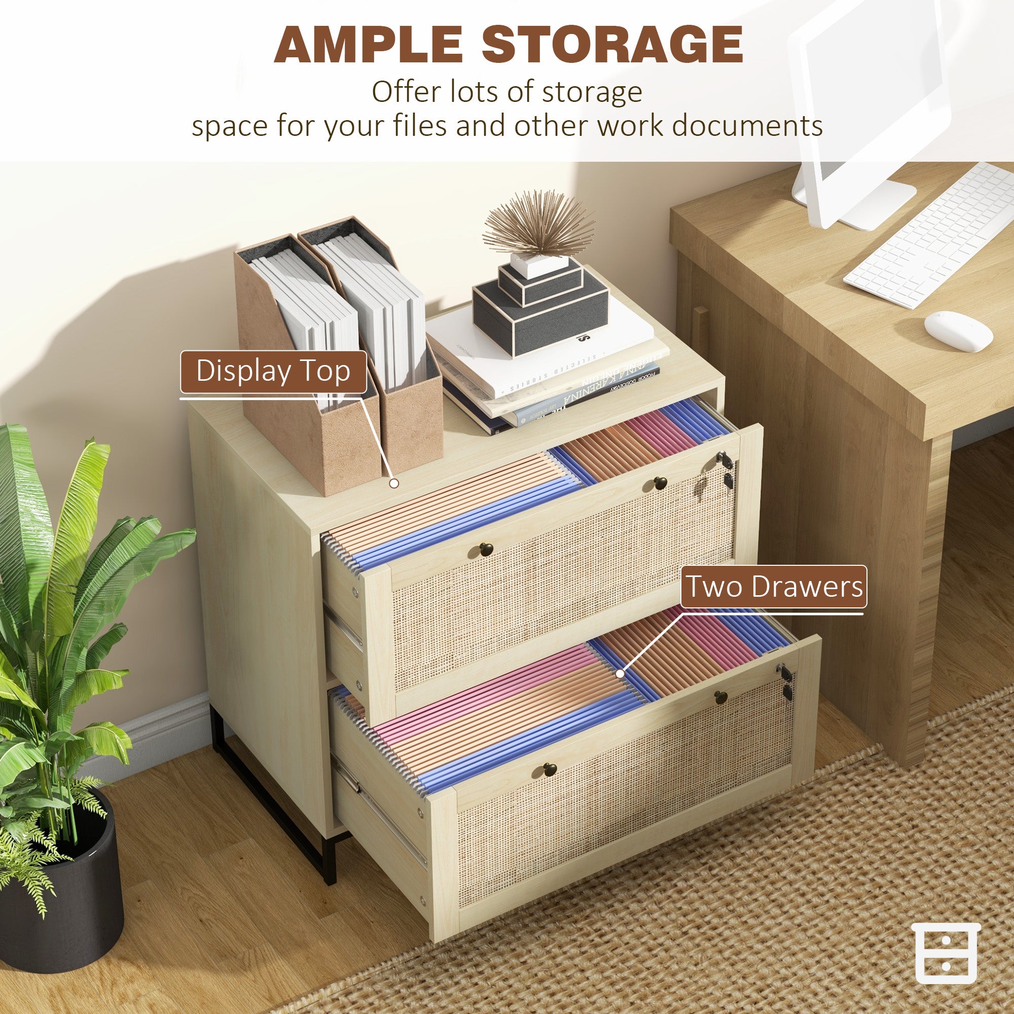 2-Drawer Filing Cabinet with Lock, Rattan File Cabinet with Adjustable Hanging Bar, Natural-Office Products > Office Furniture > Office Cabinets & Cupboards-DECOROLALA
