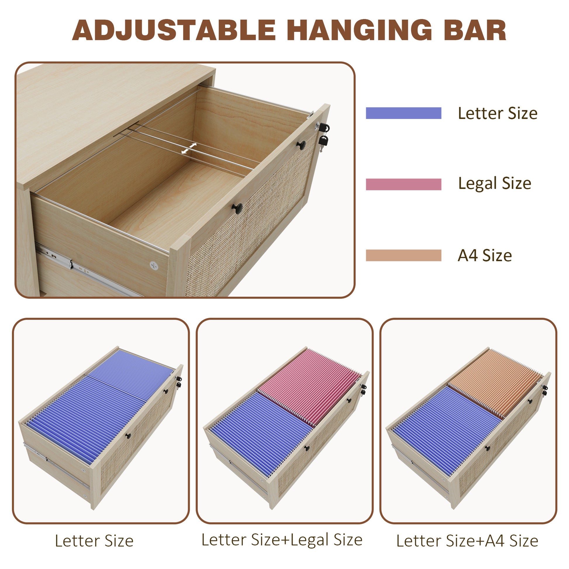 2-Drawer Filing Cabinet with Lock, Rattan File Cabinet with Adjustable Hanging Bar, Natural-Office Products > Office Furniture > Office Cabinets & Cupboards-DECOROLALA