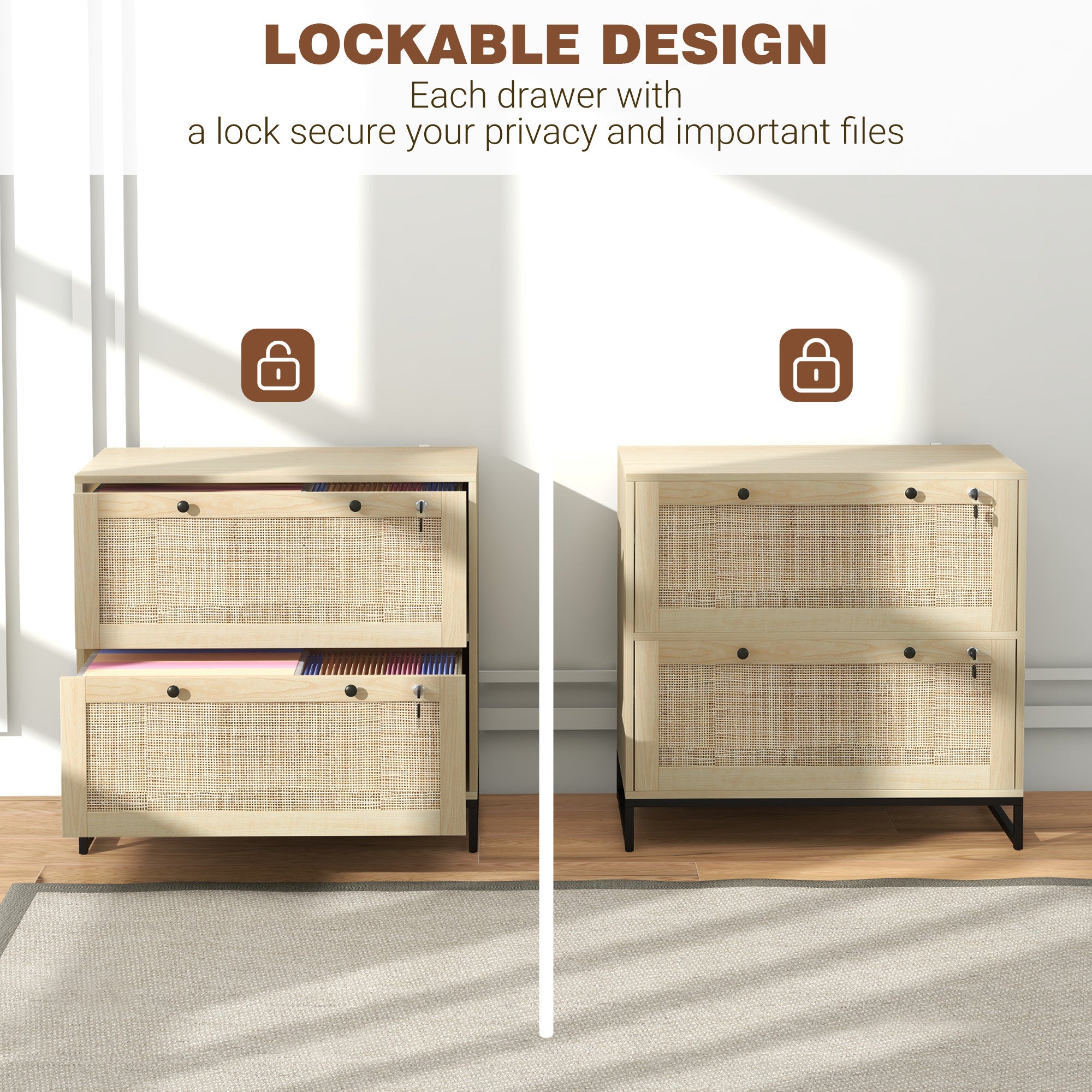 2-Drawer Filing Cabinet with Lock, Rattan File Cabinet with Adjustable Hanging Bar, Natural-Office Products > Office Furniture > Office Cabinets & Cupboards-DECOROLALA
