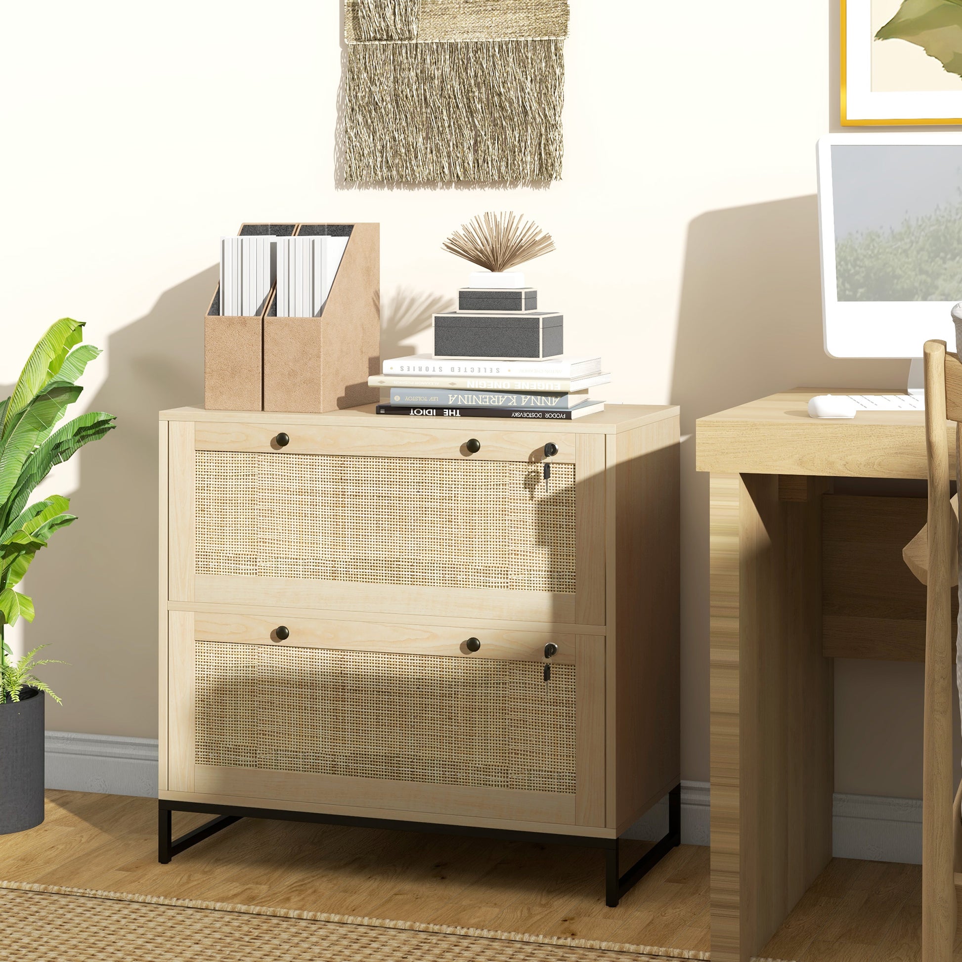 2-Drawer Filing Cabinet with Lock, Rattan File Cabinet with Adjustable Hanging Bar, Natural-Office Products > Office Furniture > Office Cabinets & Cupboards-DECOROLALA