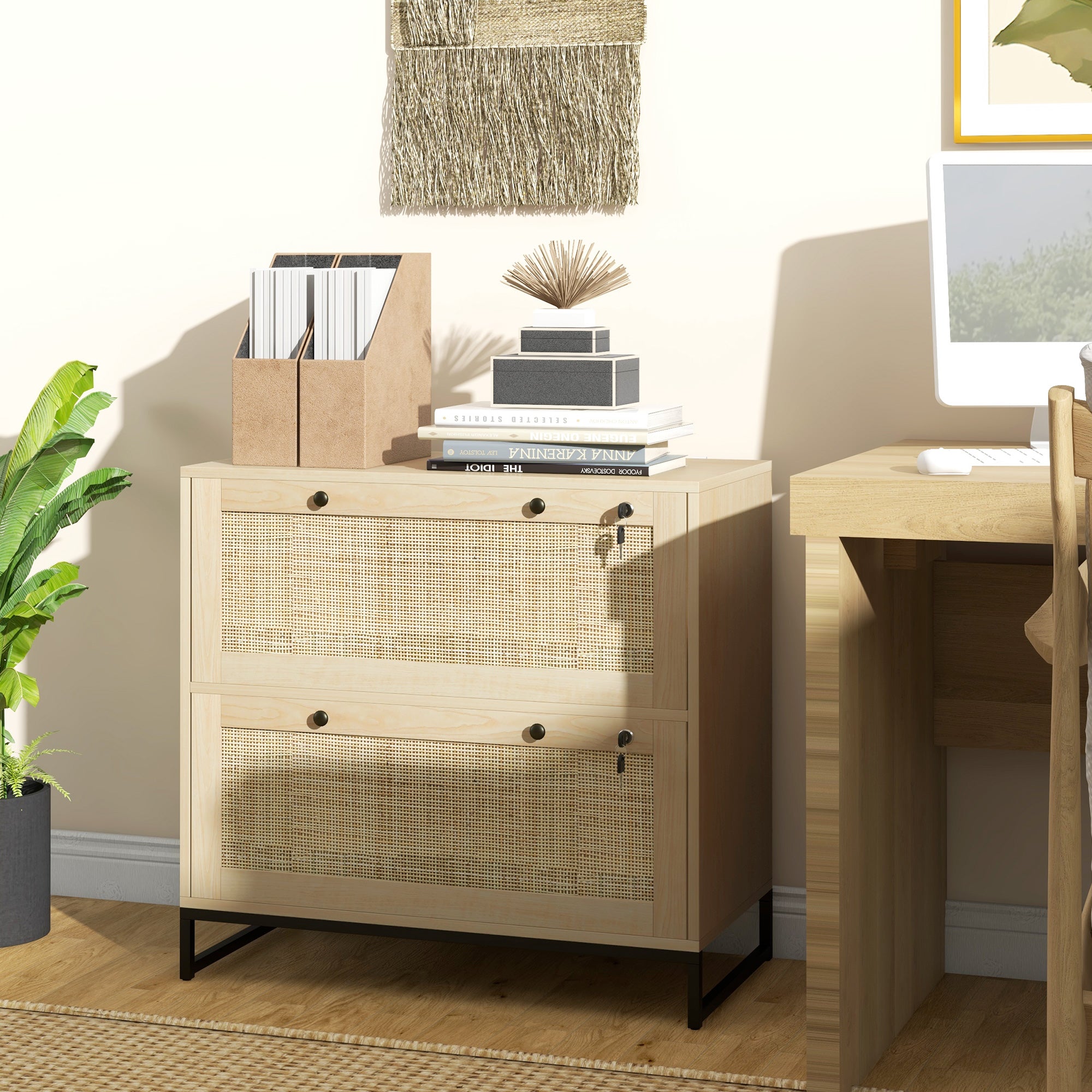2-Drawer Filing Cabinet with Lock, Rattan File Cabinet with Adjustable Hanging Bar, Natural-Office Products > Office Furniture > Office Cabinets & Cupboards-DECOROLALA