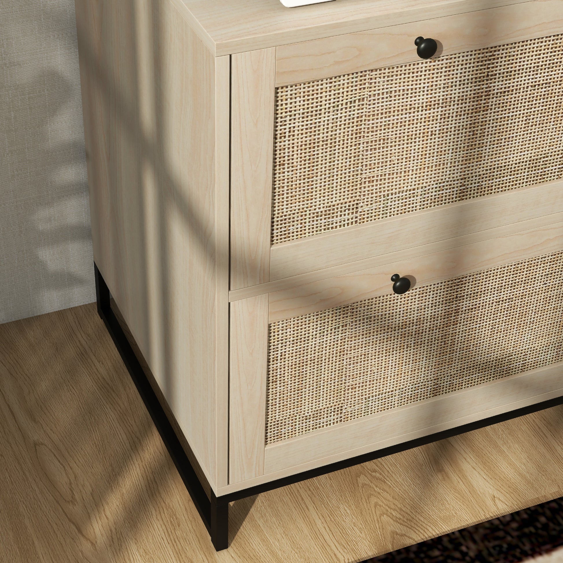 2-Drawer Filing Cabinet with Lock, Rattan File Cabinet with Adjustable Hanging Bar, Natural-Office Products > Office Furniture > Office Cabinets & Cupboards-DECOROLALA