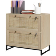 2-Drawer Filing Cabinet with Lock, Rattan File Cabinet with Adjustable Hanging Bar, Natural-Office Products > Office Furniture > Office Cabinets & Cupboards-DECOROLALA