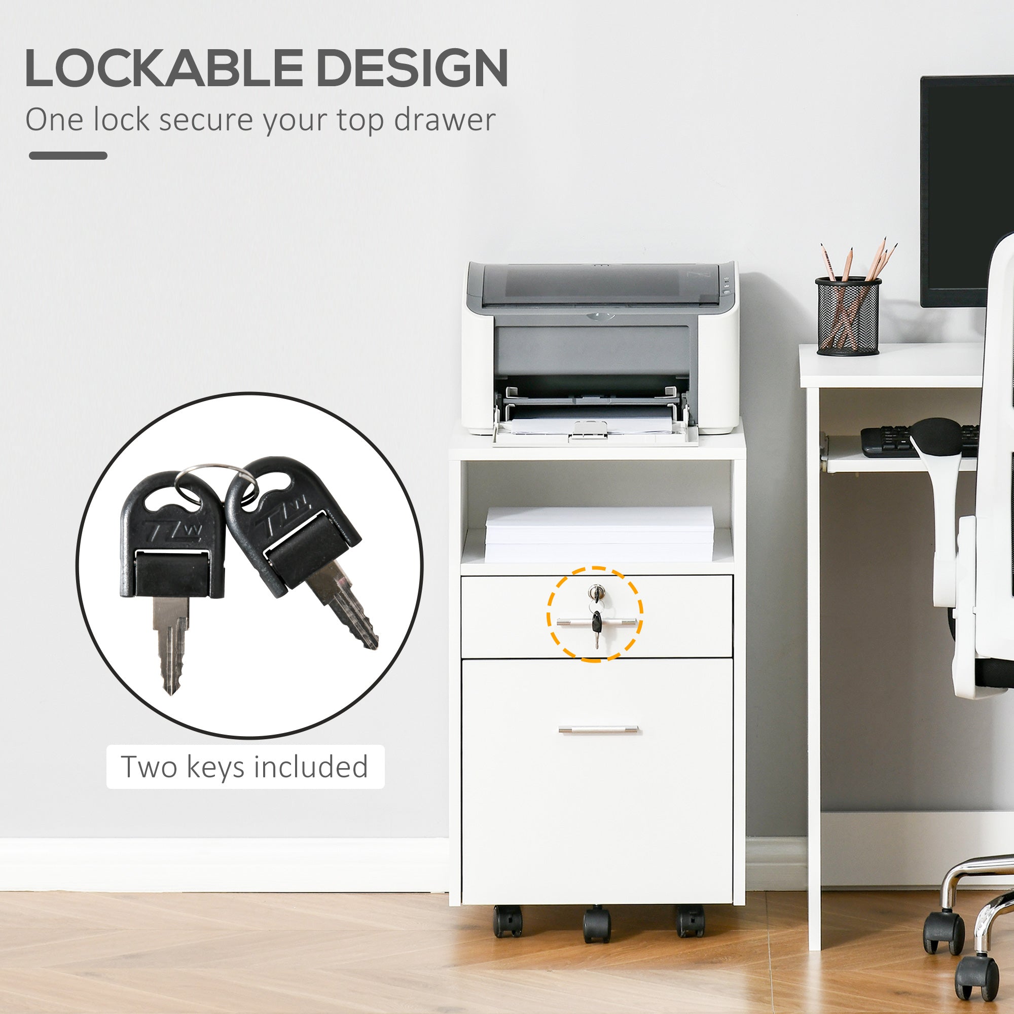 2 Drawer Filing Cabinet with Lock, Vertical File Cabinet with Wheels, Mobile Office Cabinet for A4, Letter Size, White-Office Products > Office Furniture > Office Cabinets & Cupboards-DECOROLALA