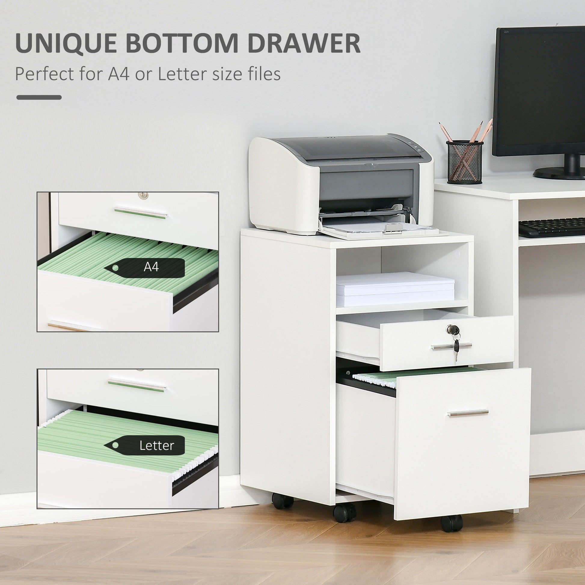 2 Drawer Filing Cabinet with Lock, Vertical File Cabinet with Wheels, Mobile Office Cabinet for A4, Letter Size, White-Office Products > Office Furniture > Office Cabinets & Cupboards-DECOROLALA