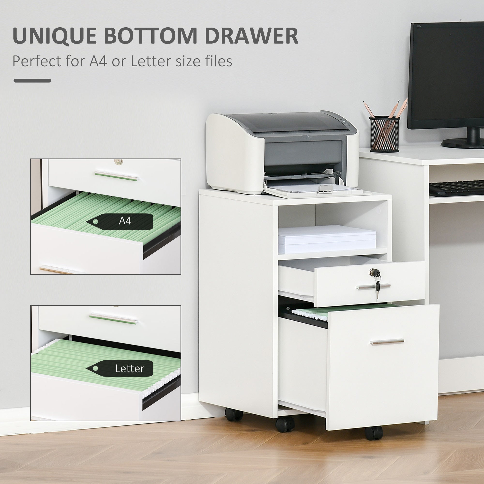 2 Drawer Filing Cabinet with Lock, Vertical File Cabinet with Wheels, Mobile Office Cabinet for A4, Letter Size, White-Office Products > Office Furniture > Office Cabinets & Cupboards-DECOROLALA