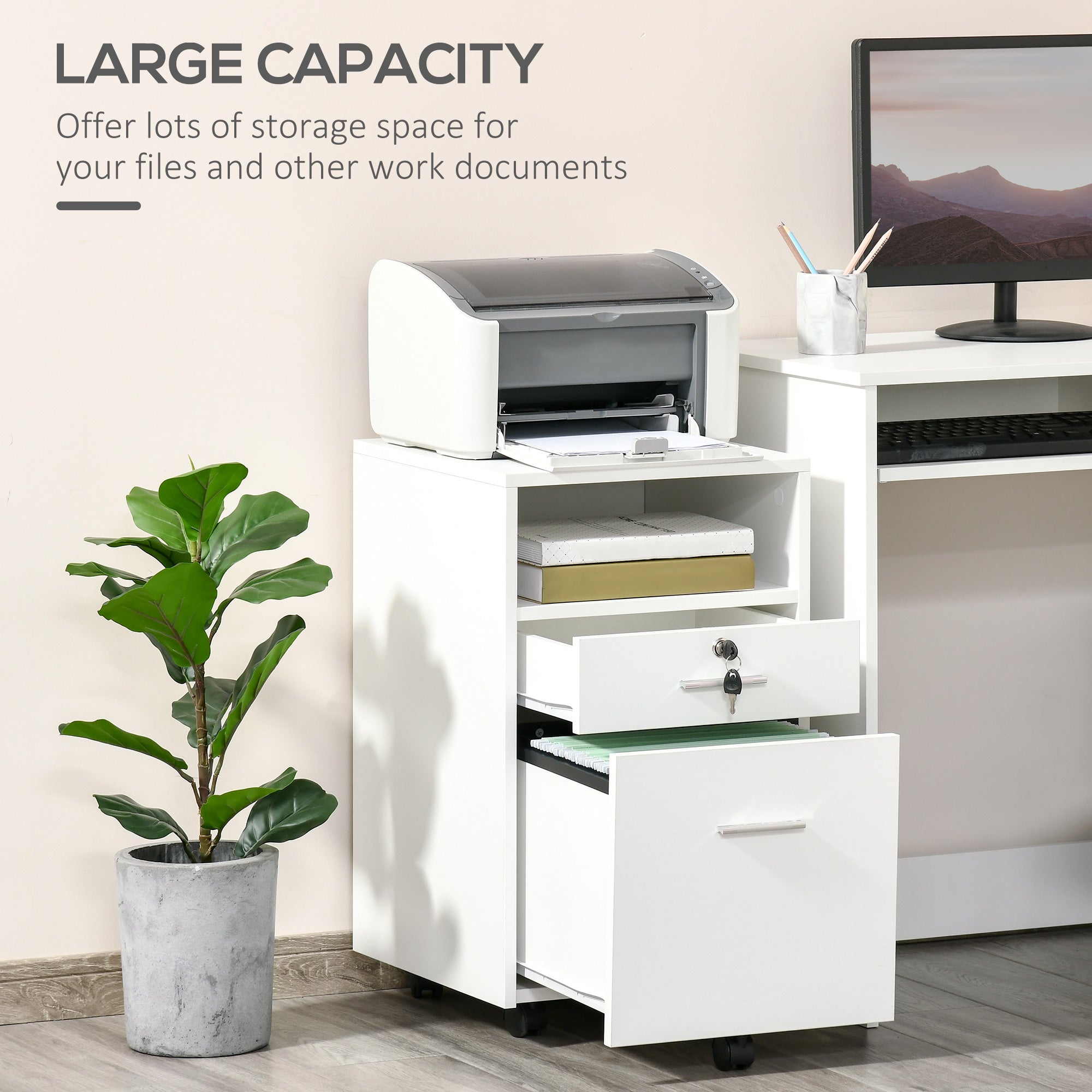 2 Drawer Filing Cabinet with Lock, Vertical File Cabinet with Wheels, Mobile Office Cabinet for A4, Letter Size, White-Office Products > Office Furniture > Office Cabinets & Cupboards-DECOROLALA