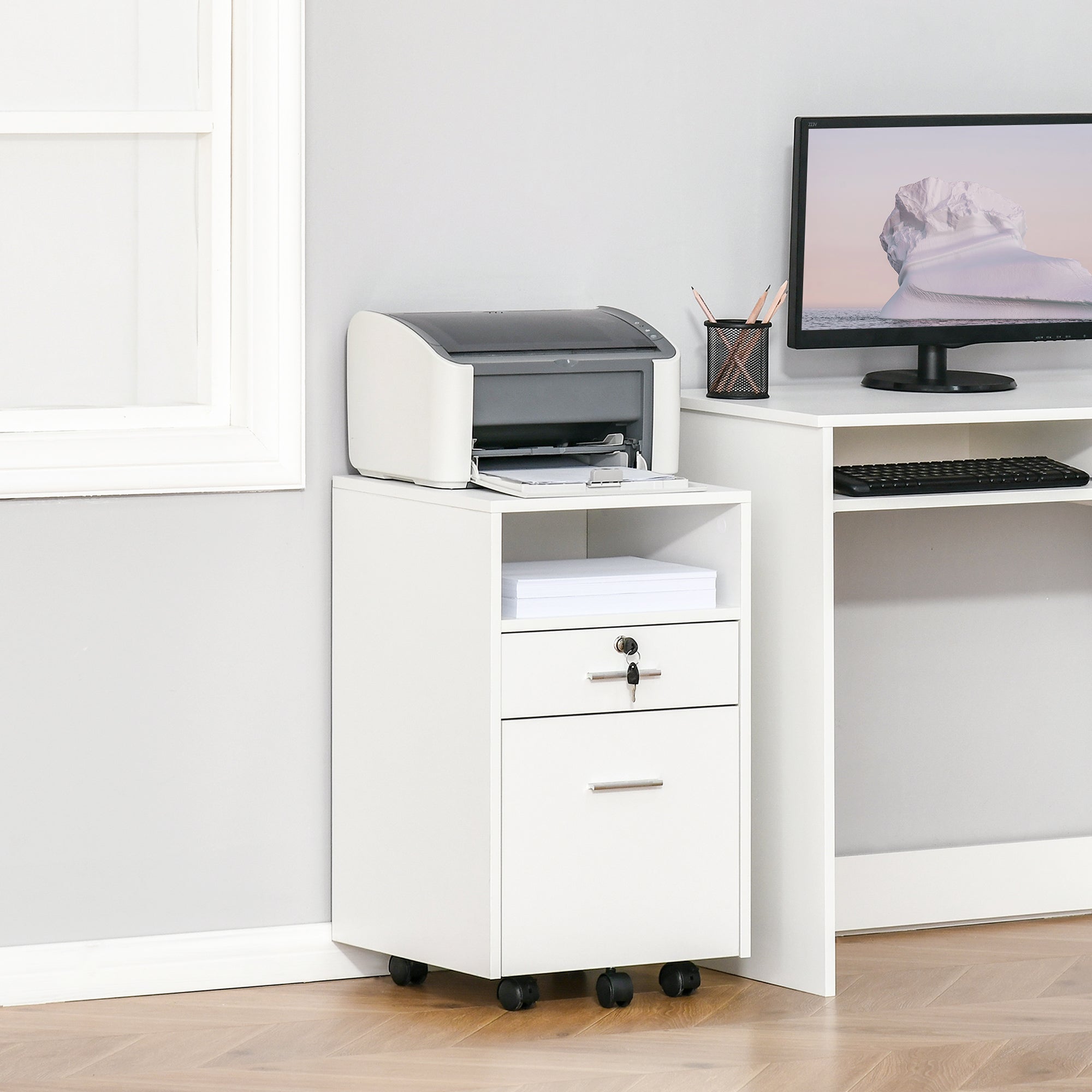 2 Drawer Filing Cabinet with Lock, Vertical File Cabinet with Wheels, Mobile Office Cabinet for A4, Letter Size, White-Office Products > Office Furniture > Office Cabinets & Cupboards-DECOROLALA