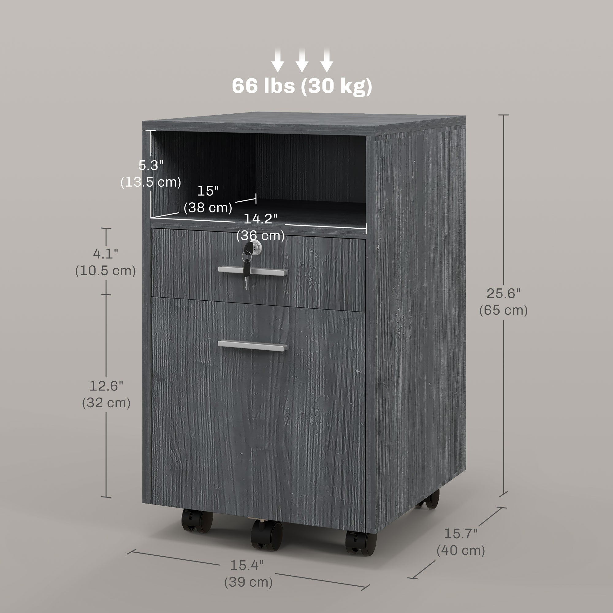 2-Drawer Filing Cabinet with Lock and Wheels - Grey 25.6" H-Office Products > Office Furniture > Office Cabinets & Cupboards-DECOROLALA
