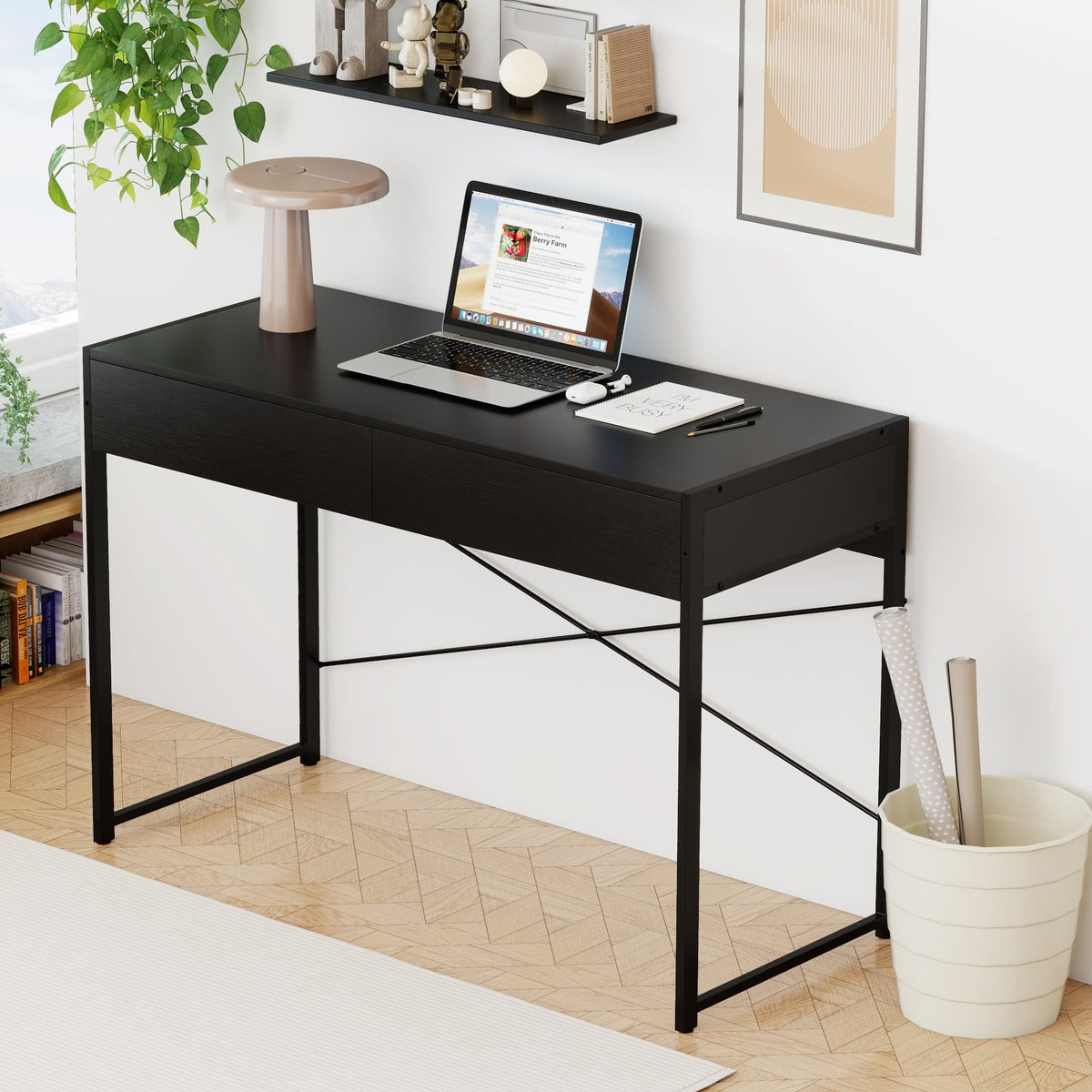 2-Drawer Home Office Desk with Steel Frame-Black-Writing Desks-DECOROLALA